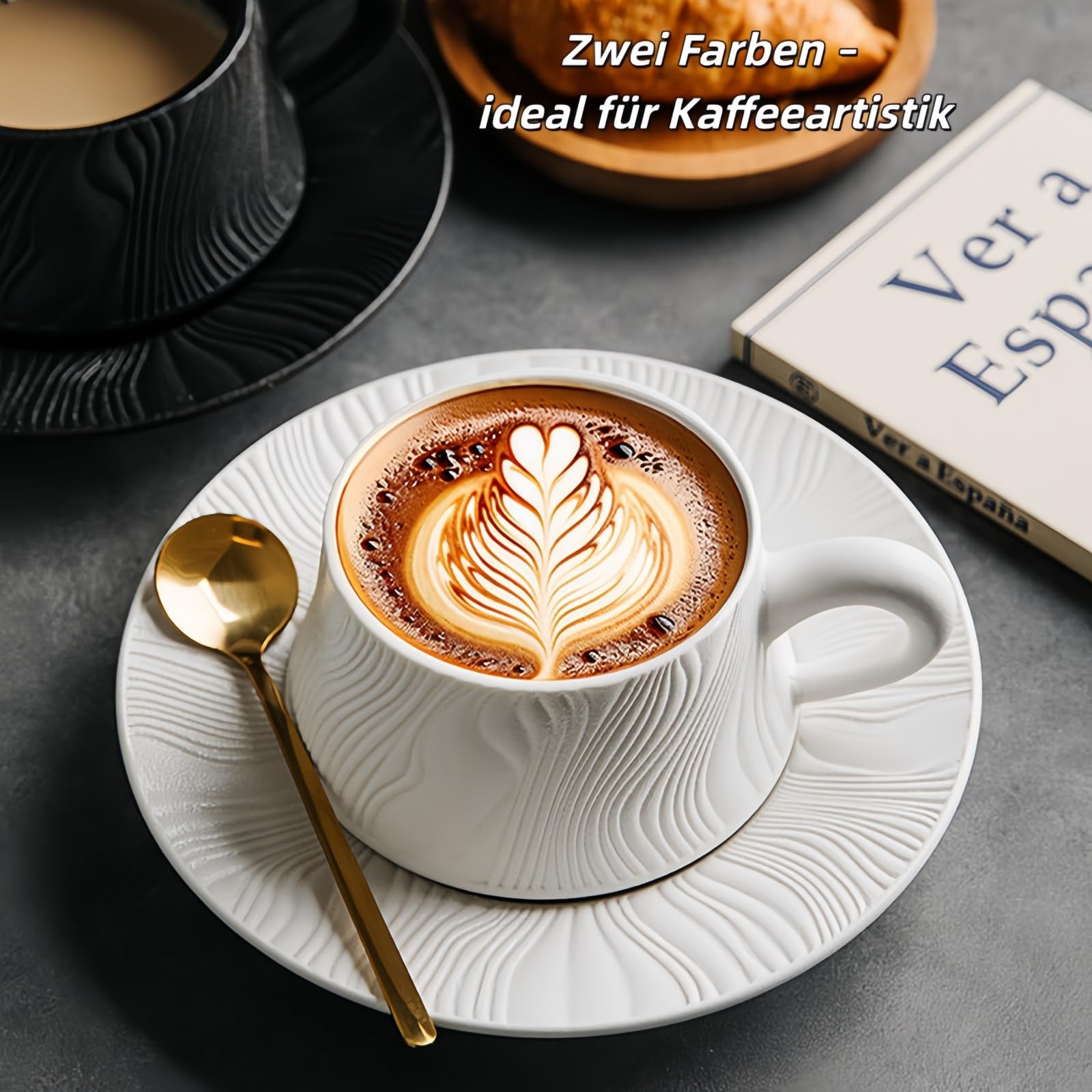 Edles Kaffeeset aus Keramik, matt mit Wasserwellen-Muster, inkl. goldfarbenem Löffel – 250ml Tasse mit Unterteller, für Kaffee & Tee, 2 Farben (Matt Schwarz - 4er Set)