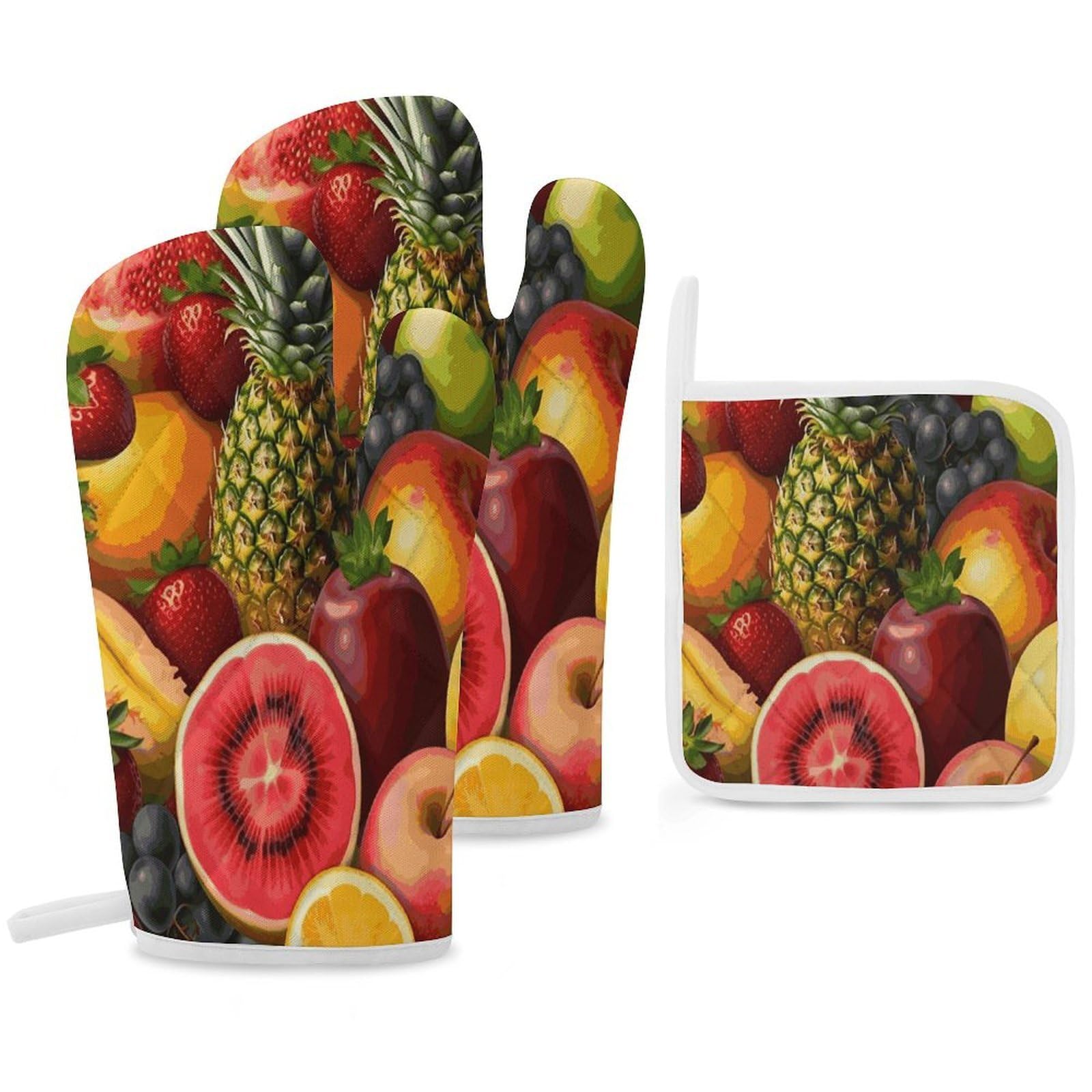 Fekiloot Style Fresh Juicy Fruits Pineapple Berries Watermelon Grape Orange Oven Mitts Funny Heat Resistant,Oven Glove With Hanging Loop,Resistant Hot Pads For Kitchen Baking Grilling Cooking