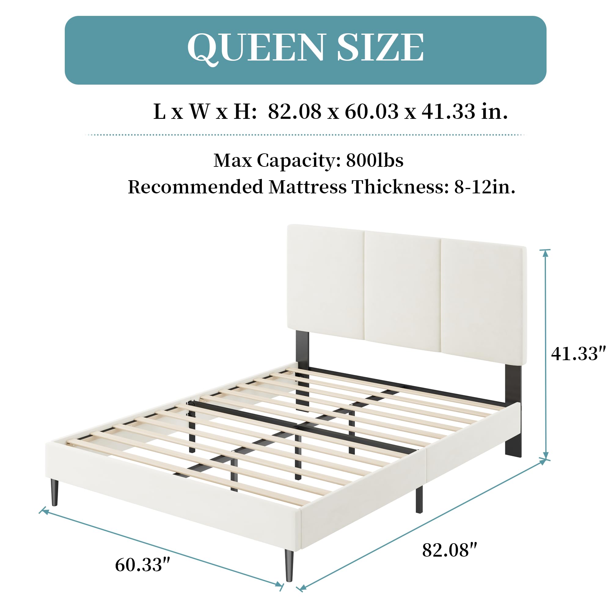 Base de cama tamaño Queen con cabecero, marco de cama de plataforma Queen de canal vertical, no requiere resortes, fácil de montar, beige 2