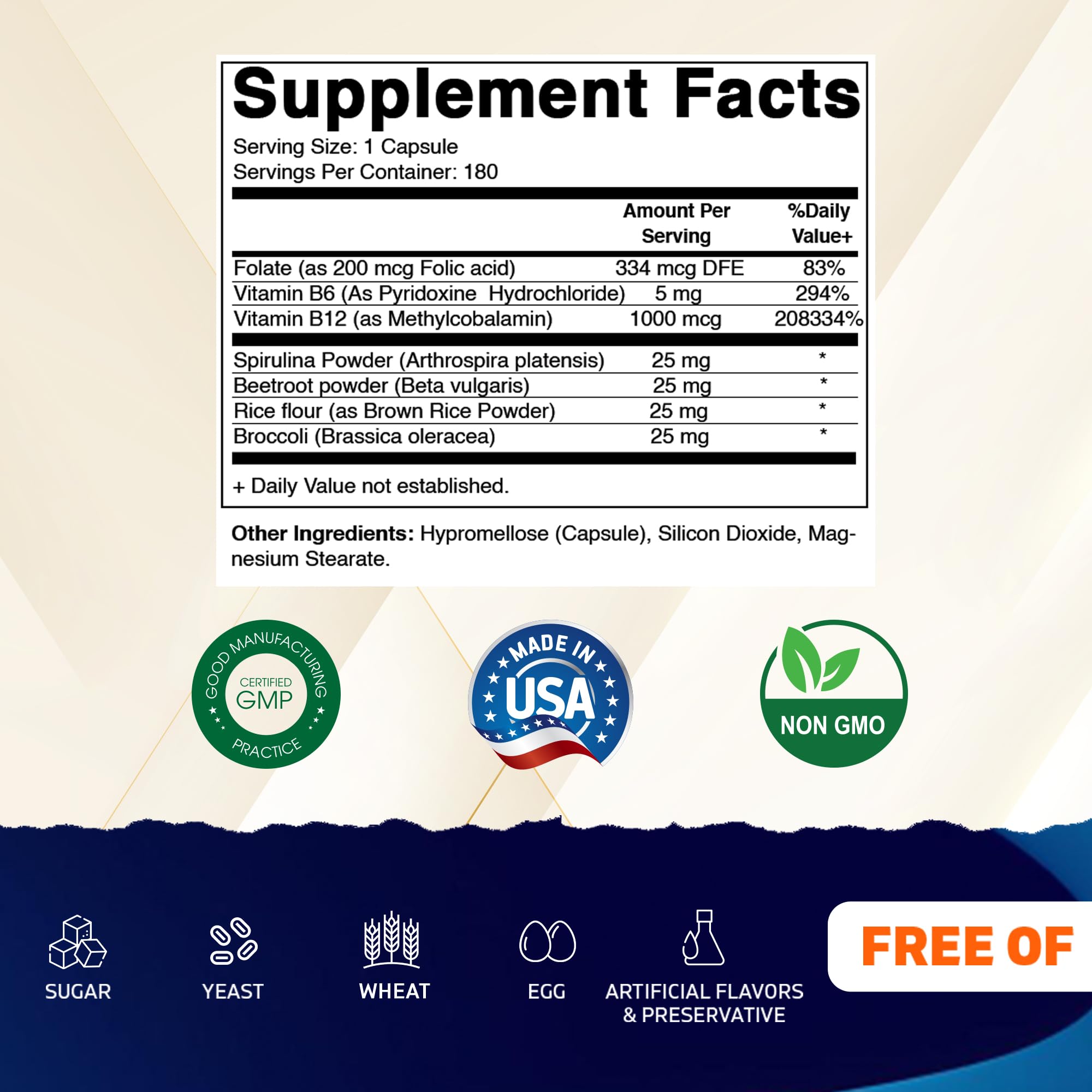 Vitamatic Vegan B12 1000 mcg - Methyl B12 with Folic Acid, Vitamin B6, Spirulina, Beet Root, Broccoli & Brown Rice - Supports Healthy Mood, Energy, Heart & Eye Health - 180 Capsules — Amazon image 2