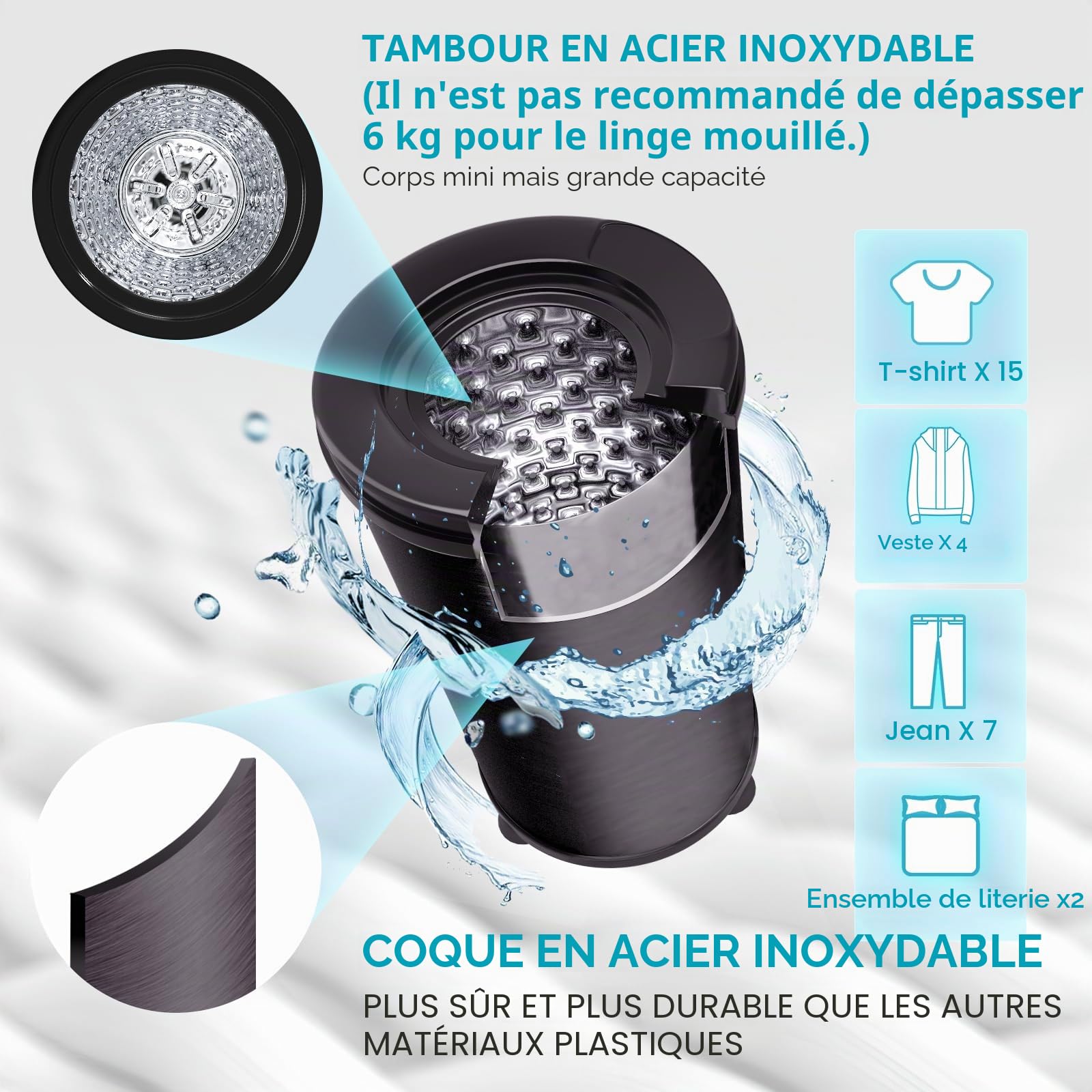 Séchoir à linge à économie d'énergie 6 kg 2800 tr/min Classe d'efficacité énergétique A+++ Noir