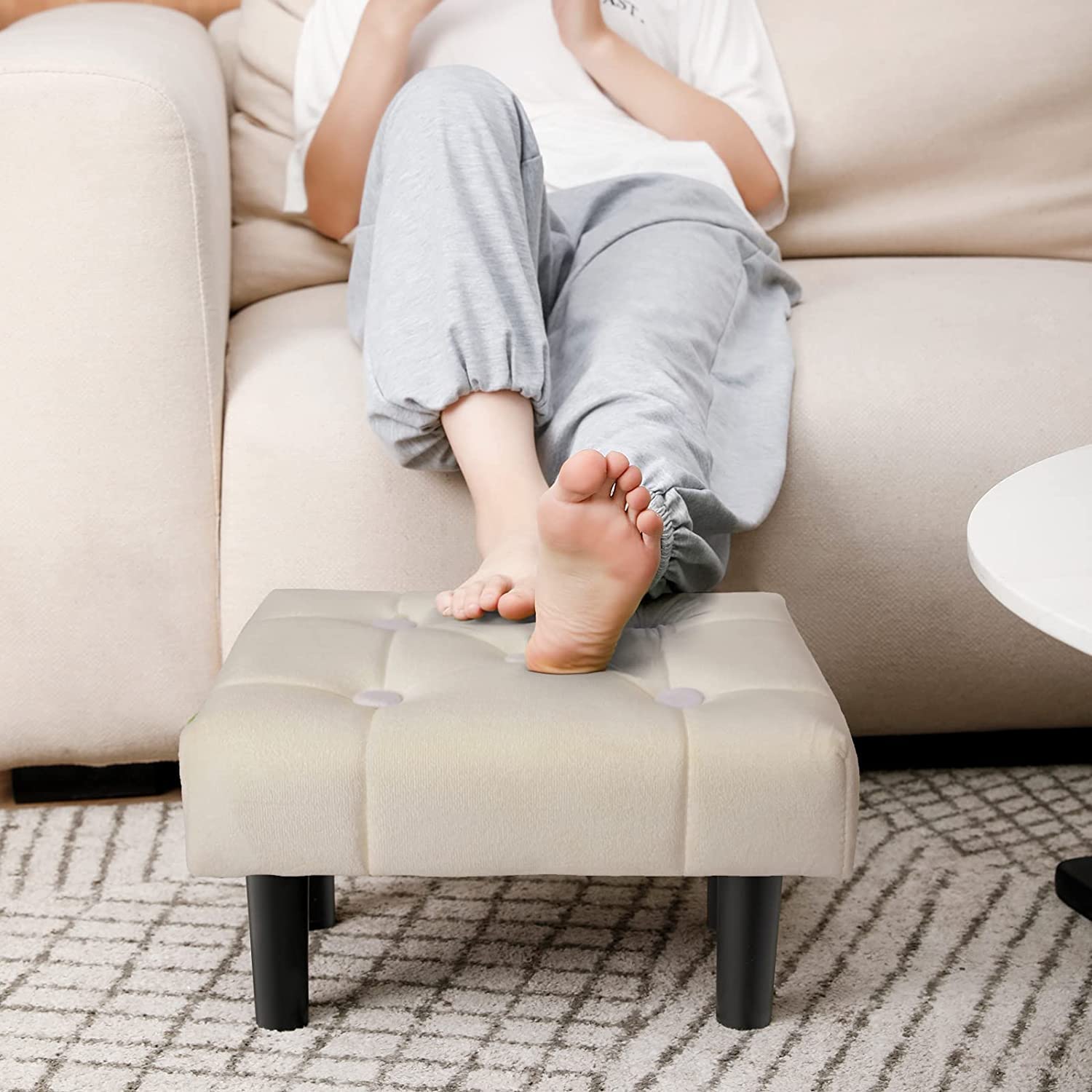 WUDENSEE Footstool Rectangle Ottoman,Velvet Soft Footrest Ottoman with Wood Legs,Sofa Footrest Extra Seating for Living Room Small Stool for Living Room Couch Pets (Off White)-image-1