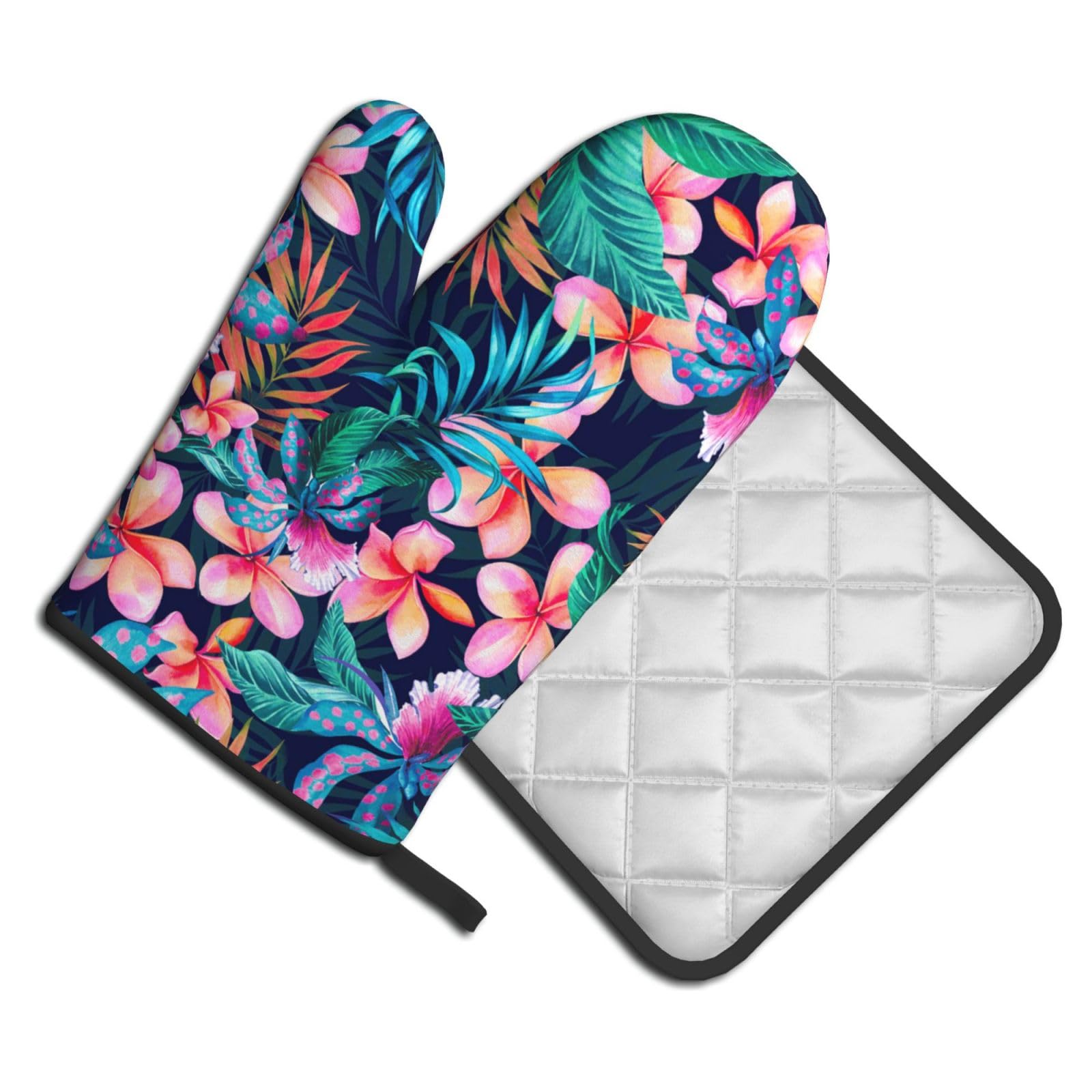 Oven Mitts and Pot Holders Set of 2 Pcs, Tropical Floral Leaves Printed Heat Resistant Kitchen Gloves Potholders for Cooking Baking Grilling