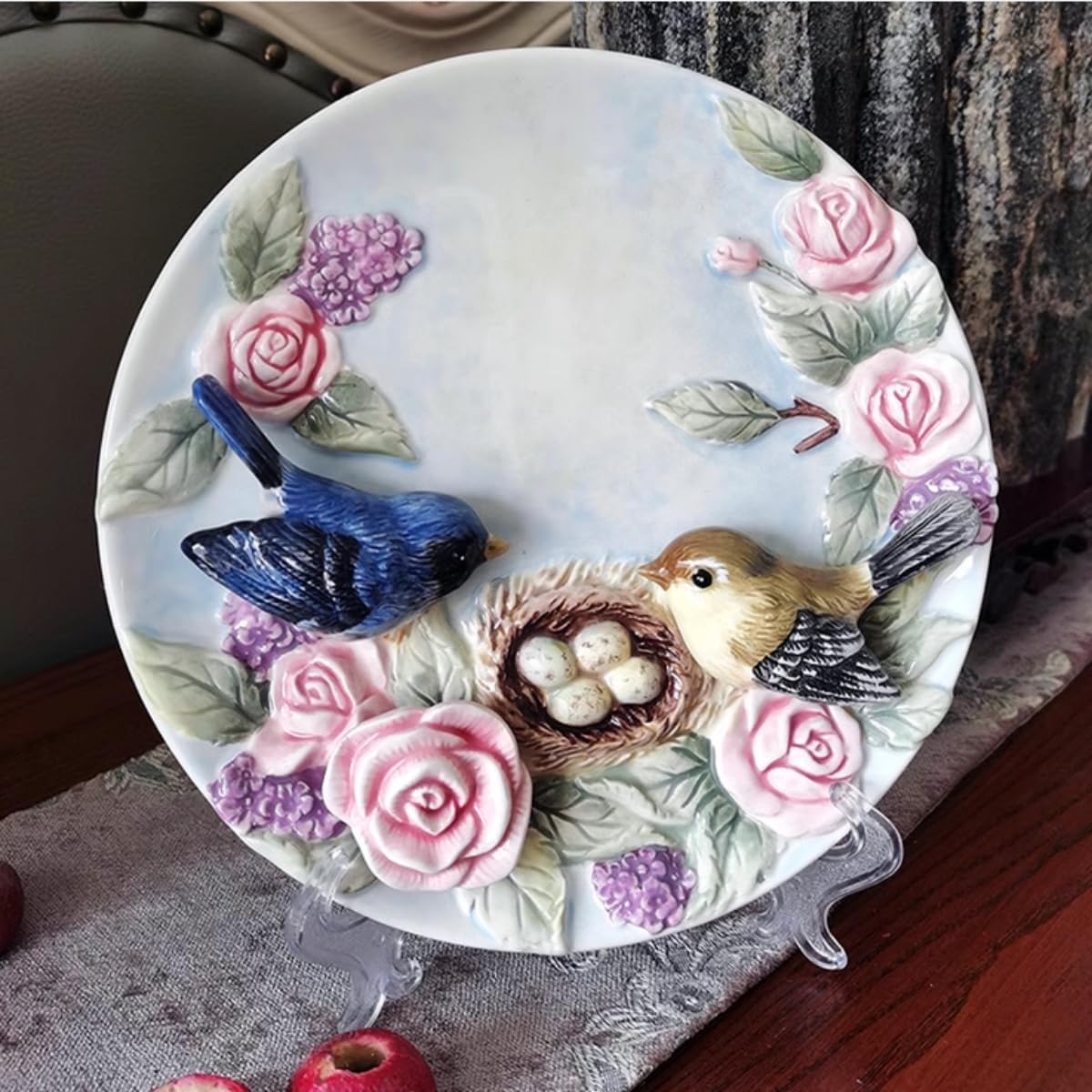Minigift Ceramic Collections Plate, 3D Hand Painted Pink Roses, Birds, Bird Nest Decorative Tray with Display Stand -8