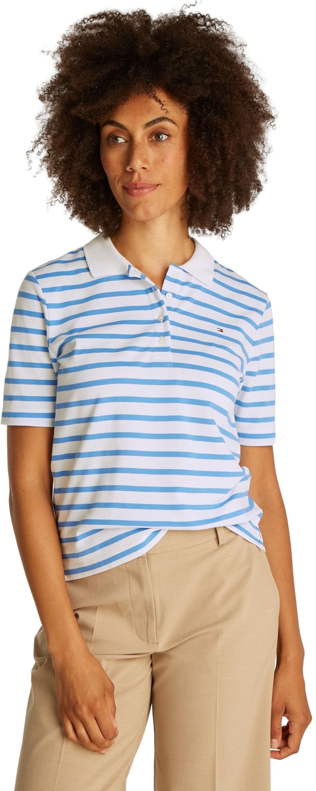 Tommy Hilfiger Damen Poloshirt Kurzarm Regular Fit, Mehrfarbig (Ecru/Blue Spell STP), XS