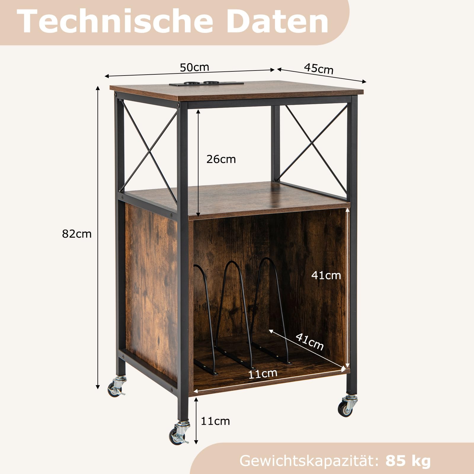 COSTWAY Schallplatten Aufbewahrung Ständer, Schallplattenständer mit integrierter Ladestation, Beistelltisch Holz, Plattenspieler-Stand für Vinyl, Brown Records Regal für Wohnzimmer Schlafzimmer