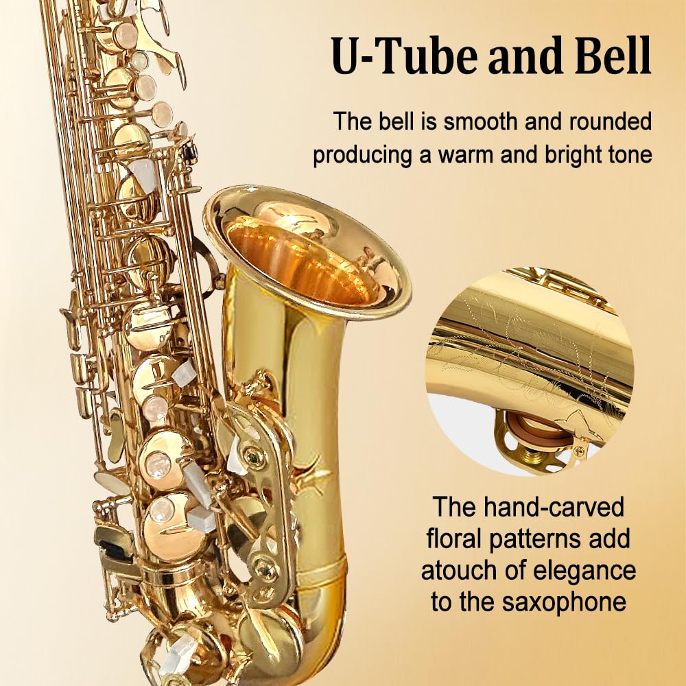 Yinfente - Saxophone Alto Mi Bémol pour débutants adultes, saxophone étudiant, kit complet avec anches, coussinets, étui de transport rigide, chiffon et tige de nettoyage, bec, gants, sangle de cou