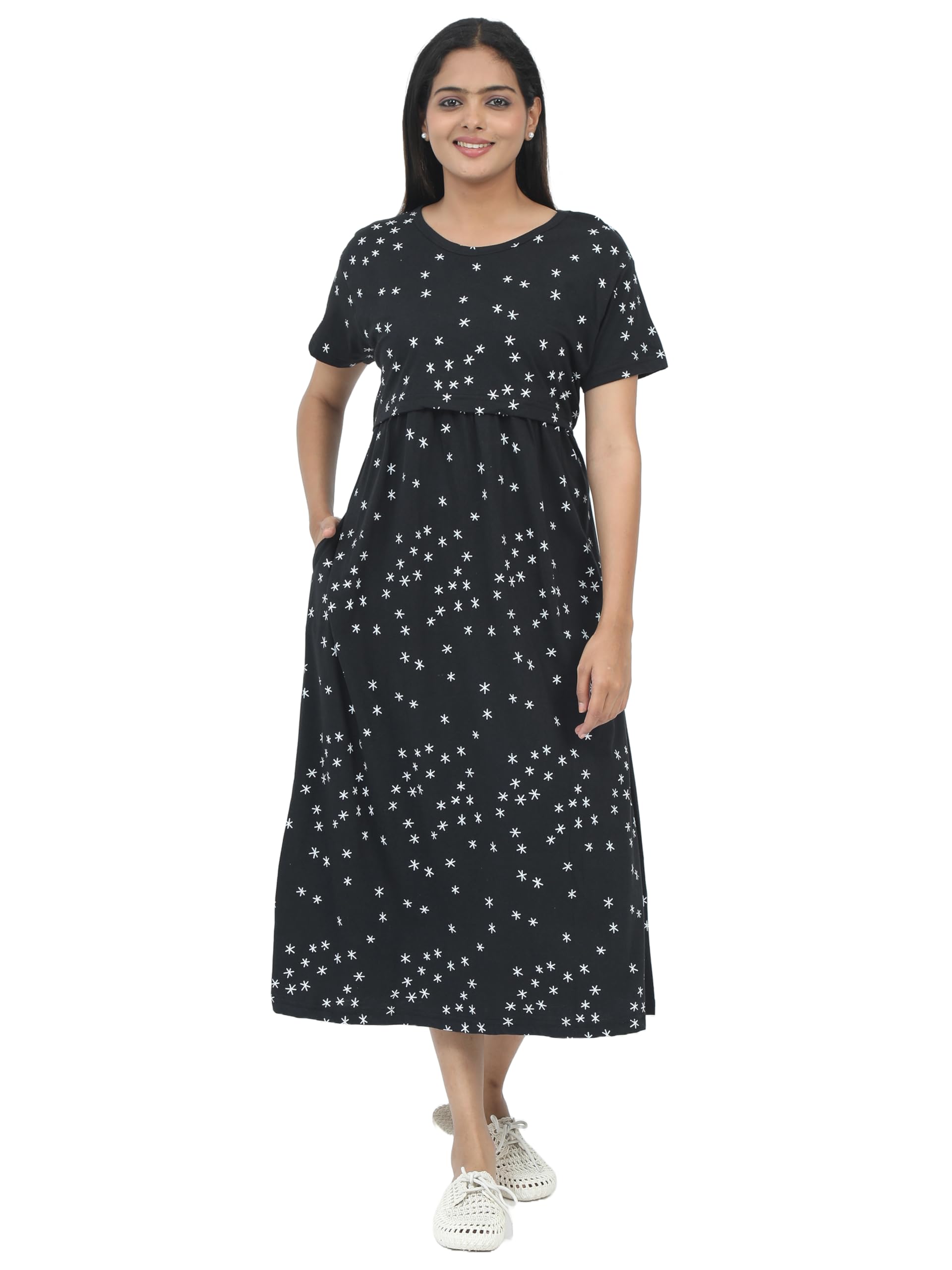 Women's Black Cotton Maternity Nursing Dress with White Star Print-image-10