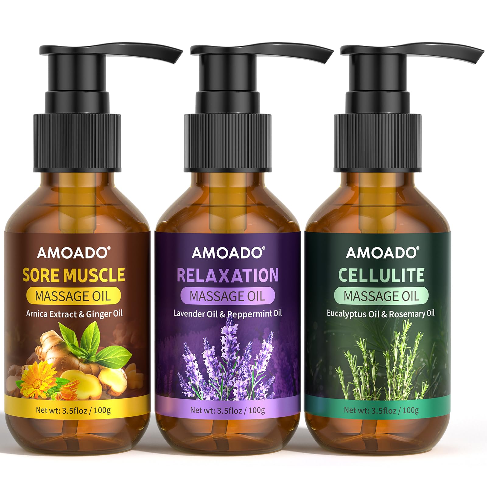 Massageöl für die Massagetherapie, Massageöle gegen Muskelkater, Arnikaöl, Anti-Cellulite-Eukalyptus, ätherische Lavendelöle, Schmerzlinderung und Spa, Geschenkset mit Körpermassageöl, 3 x 100ml