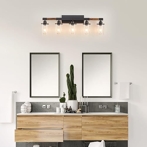 Miniatura 10 de Feohak Lámpara de baño de 3 luces, lámpara de tocador de baño de granja, madera rústica, industrial, vintage, negra, pequeña lámpara de pared sobre