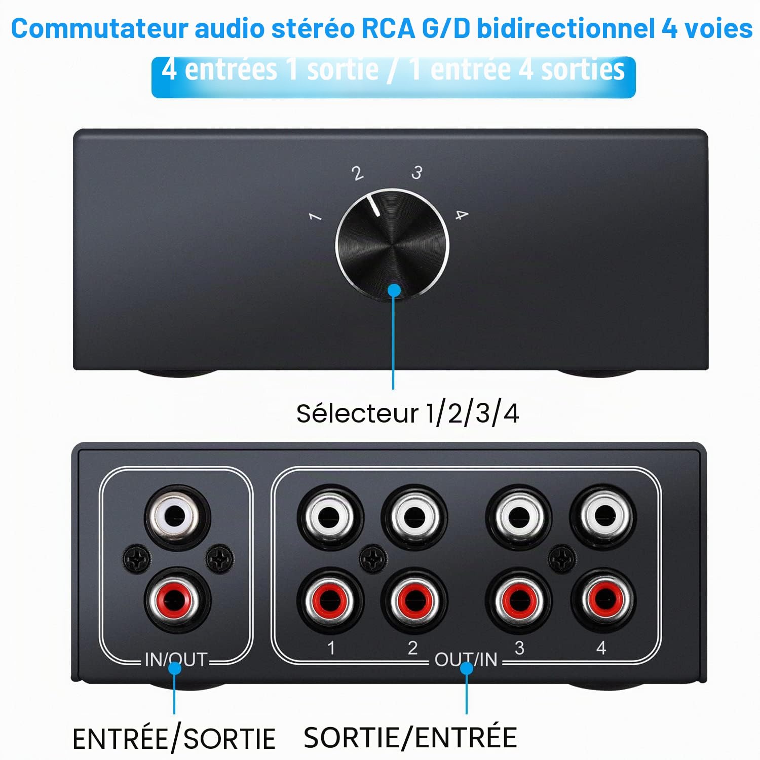 Sélecteur Audio stéréo bidirectionnel 4 Voies G/D RCA, 1 entrée 4 Sorties ou 4 entrées 1 Sortie, Séparateur Audio de canaux Audio G/D Boîte de sélection Audio pour Lecteur DVD stéréo Haut-Parleur CD