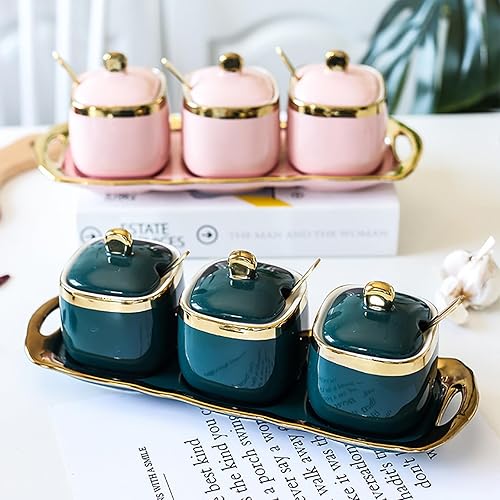 Miniatura 8 de jessie Recipiente para especias en tarro de condimentos con bandeja de cerámica, cuchara de servir y tapas para especias de cocina del hogar,