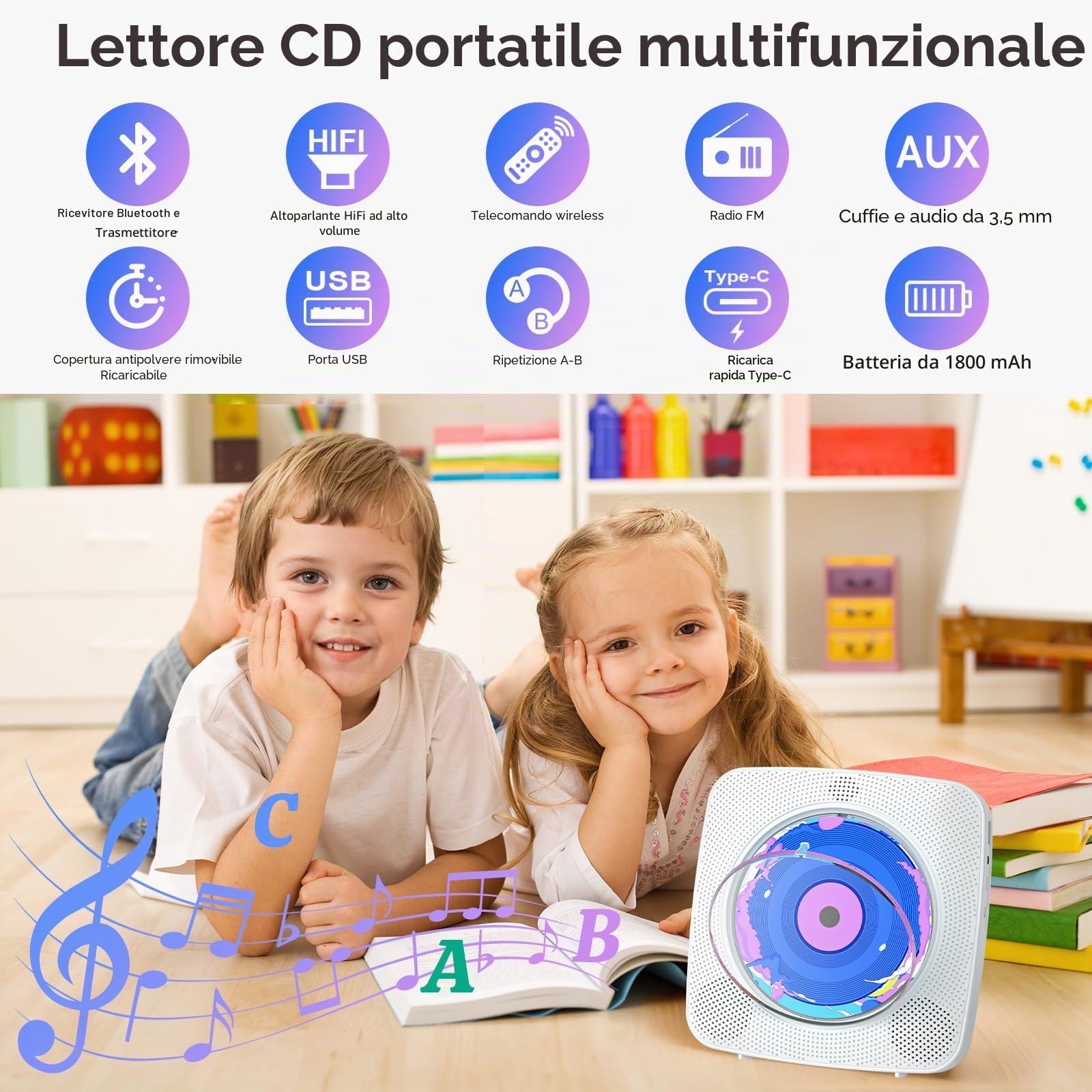 Lettore CD Portatile Bluetooth Kegaudio con Altoparlante USB/AUX Presa per Cuffie Bianco