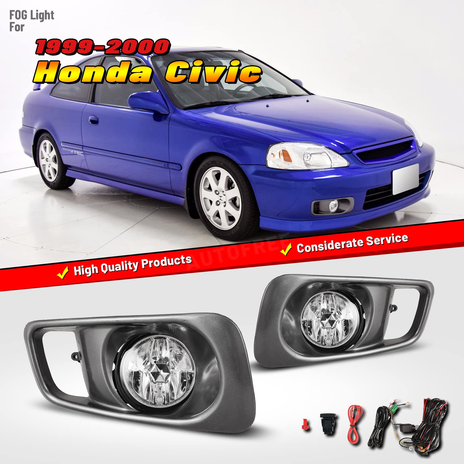 AUTOFREE Fog Lights Fit for Honda Civic 1999 2000 with H3 12V55W Bulbs OEM Fog Lamps Assembly Replacement Included Wiring Kits& Switch-1 Pair (Clear Glass Lens)