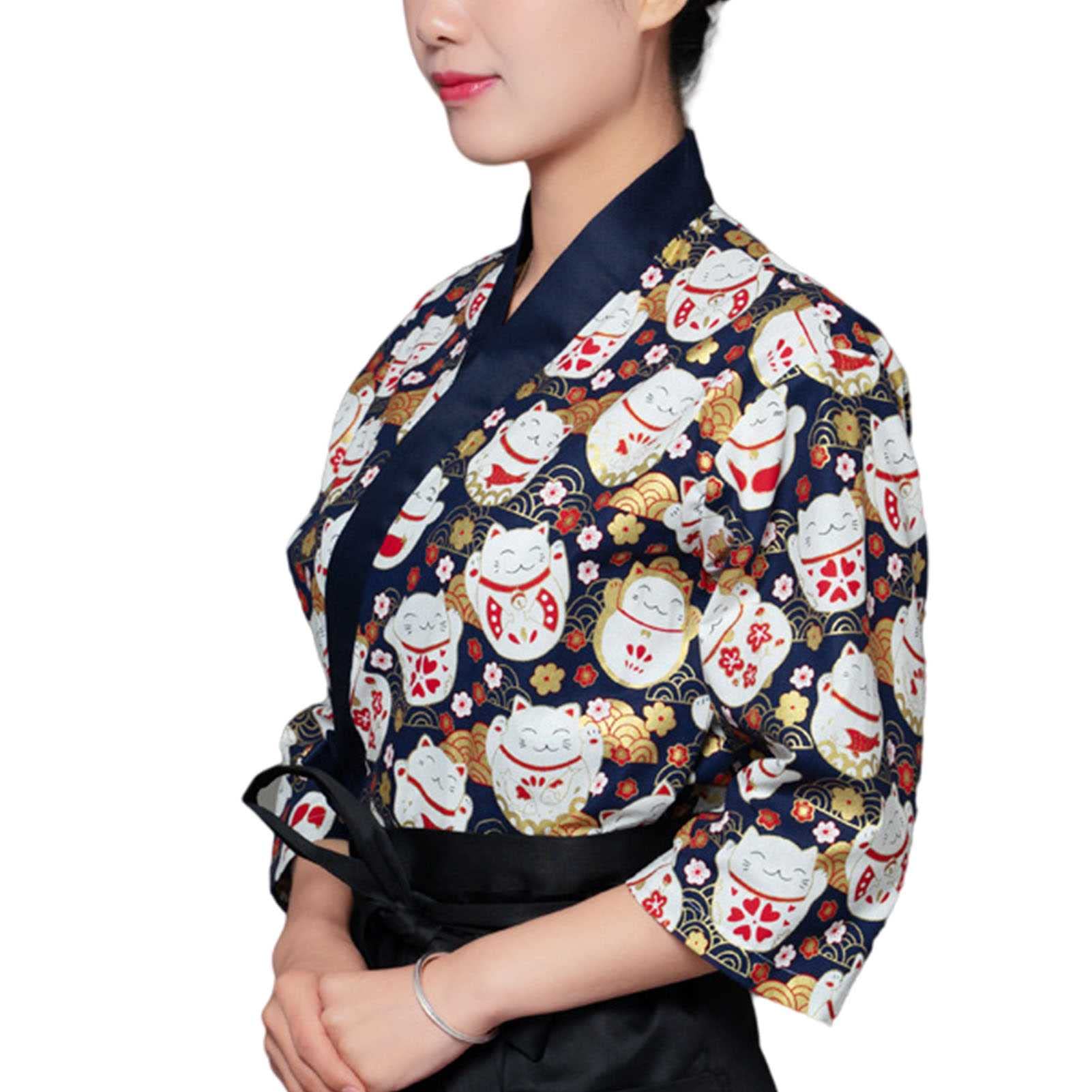 Chaqueta de Chef con Impresión de Gato, Cuello de Kimono, Trabajo de Cocina Uniformes Delgado Japonés pour Mujer