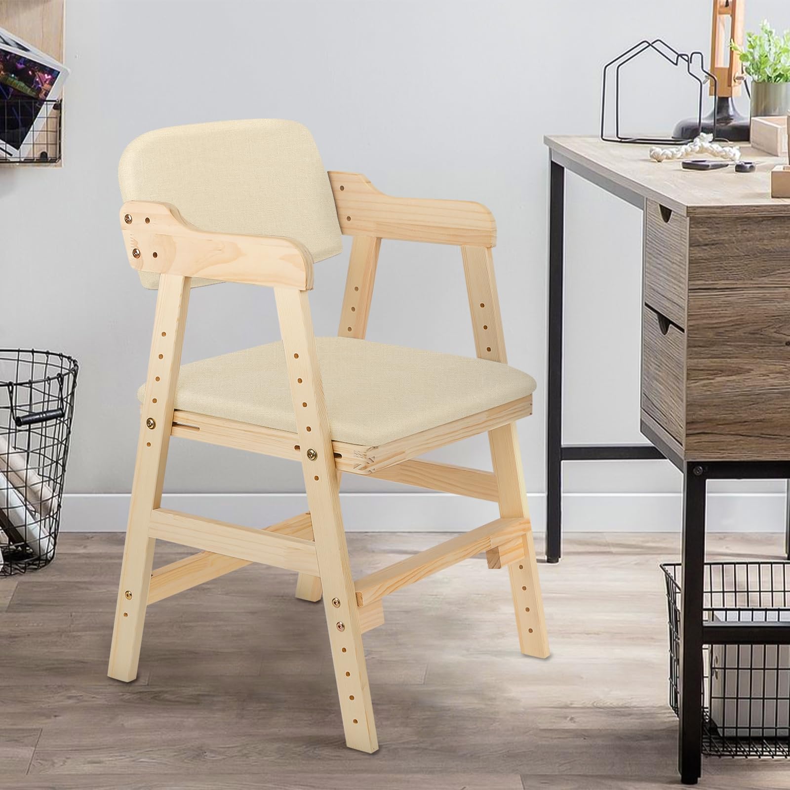 Seggiolone Pappa in Legno, Sedia da Bambini per Studio e Mangiare, Altezza Regolabile da 35 a 51 cm, Carico da 90KG, per Bambini 8+ Mesi (48 * 46 * 78 cm - Beige (1 pezzo))