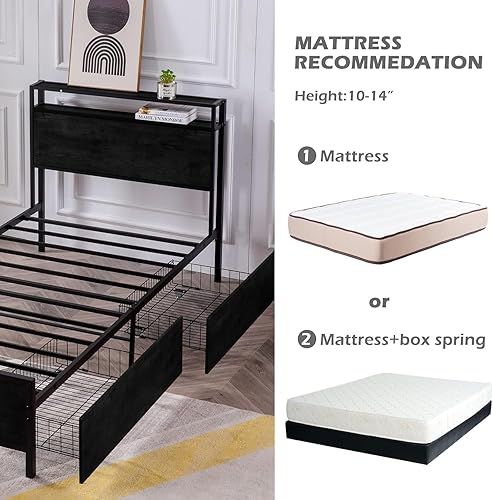 Miniatura 12 de GAZHOME Base de cama individual, cama de plataforma con cabecera de almacenamiento de 2 niveles, sólida y estable, sin ruido, no necesita somier,