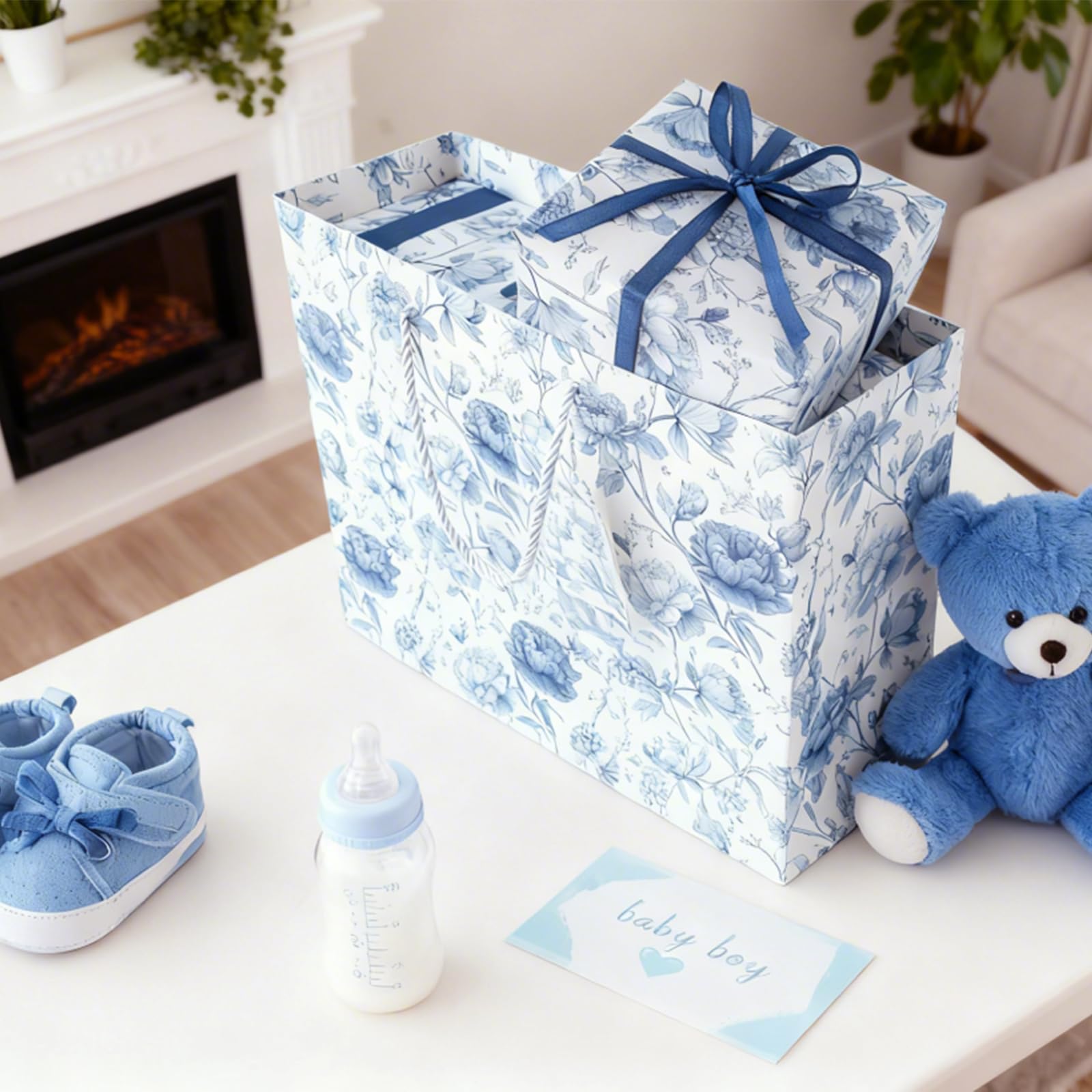 JAYTEM Bridal Shower Gift Bag, 13" Blue and White Large Wedding Gift Bag with Tissue Paper Greeting Card Tag Envelope, Chinoiserie Peony Floral Elegant Gift Bags for Women, Anniversary, Mother's Day, Birthday, Christmas