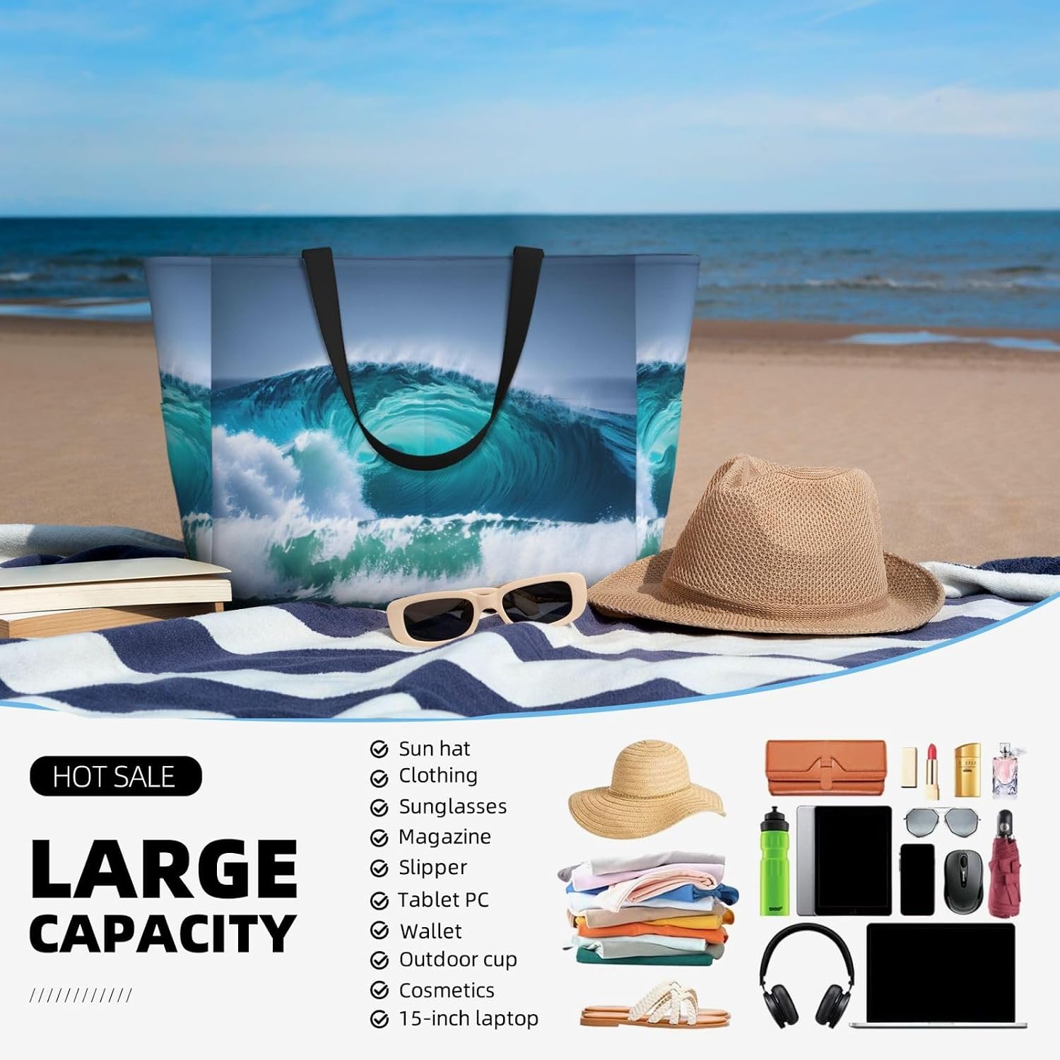 Ocean Wave Print Print Waterproof Gym Shoulder Bag,Fashion Summer Beach Tote Bags Large Travel Totes