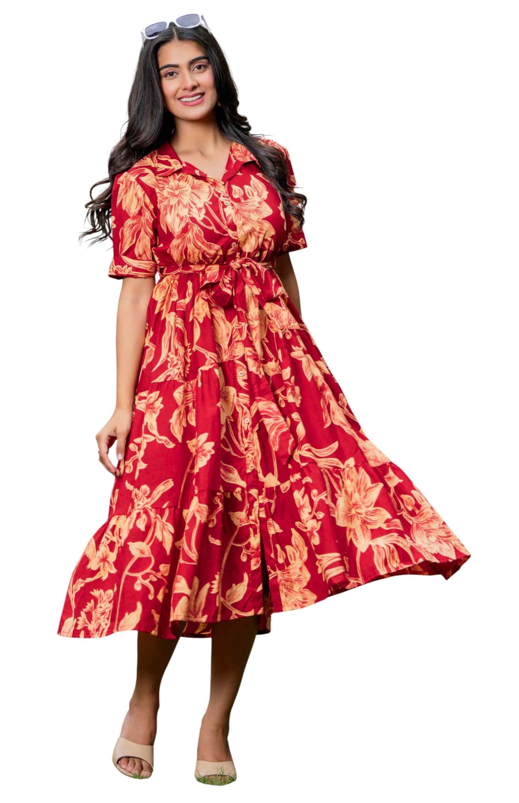 Jikonet Vestido occidental Anarkali con estampado floral para mujer, de una pieza, maxi, uso casual, cómodo vestido largo midi para mujer