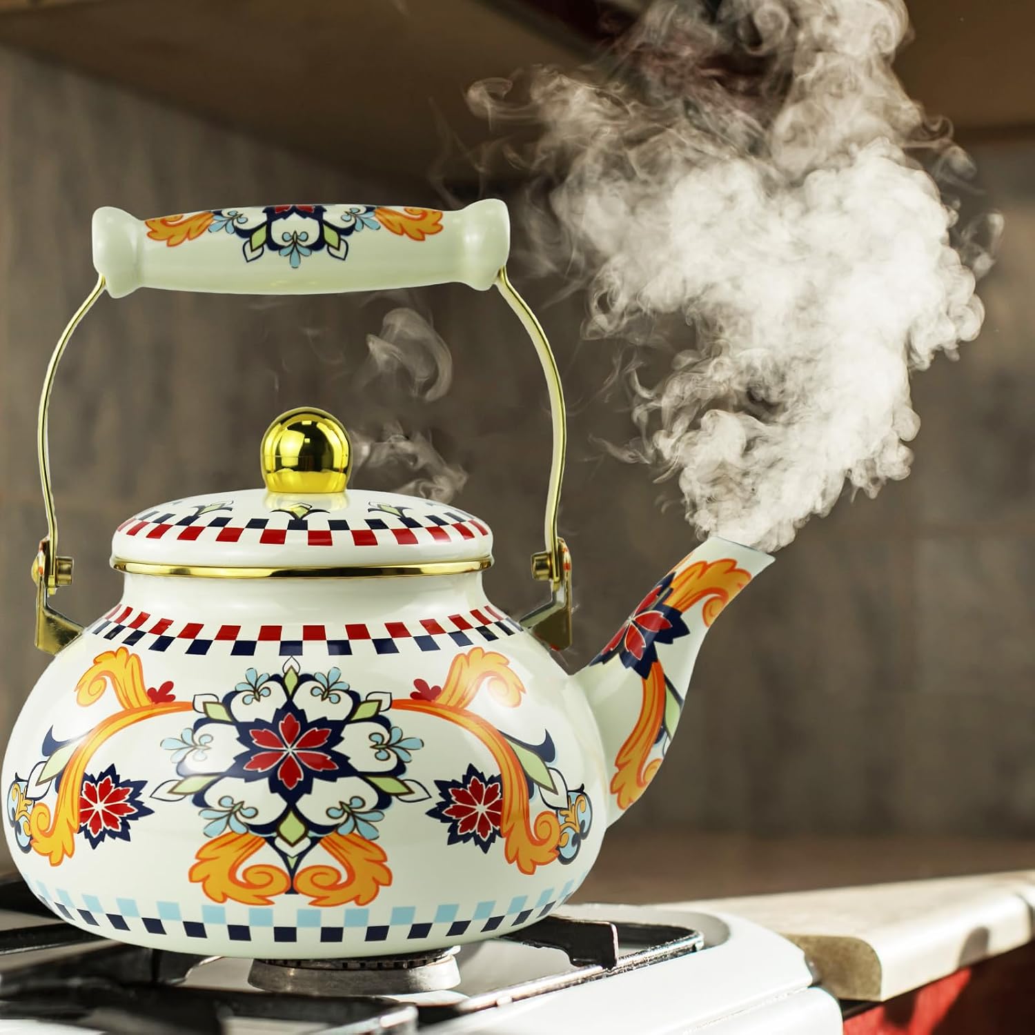 Floral Enamel Tea Kettle Bohemian Colorful Teapot Hot Water Coffee Kettle Pot 2.5L Porcelain Beige Red Yellow Vintage Tea Pot for Stovetop Hot Water Kitchen Decor