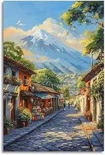 Guatemala Central America Oil Painting Lush Mountain Volcano Village Retro Style Wall Art Poster Print Or Canvas Oil Paint Travel Decor 24x36inch(60x90cm) Unframe-style