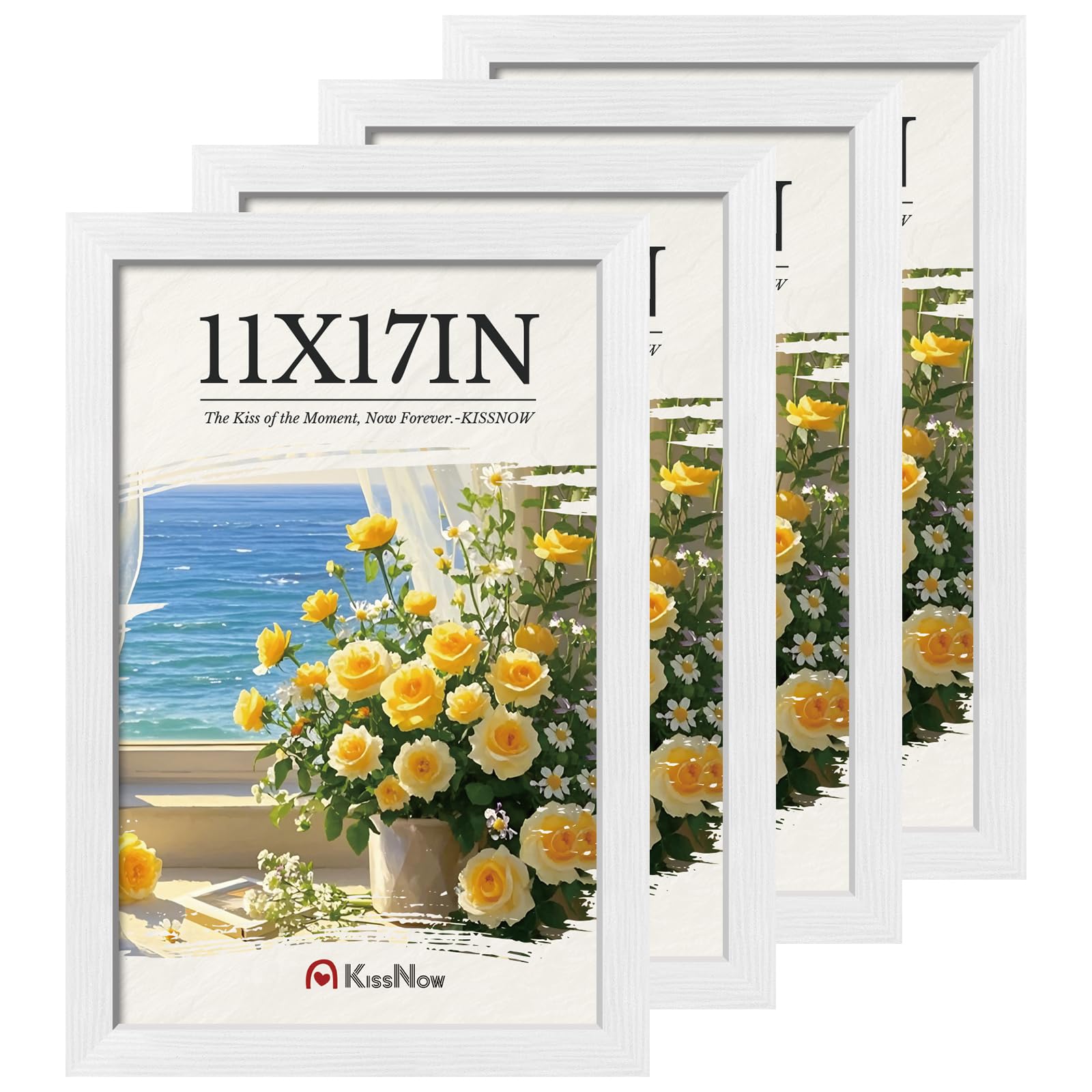 11x17 Picture Frame 4 Pack, Textured White Solid Wood, Wall Gallery Poster Frame