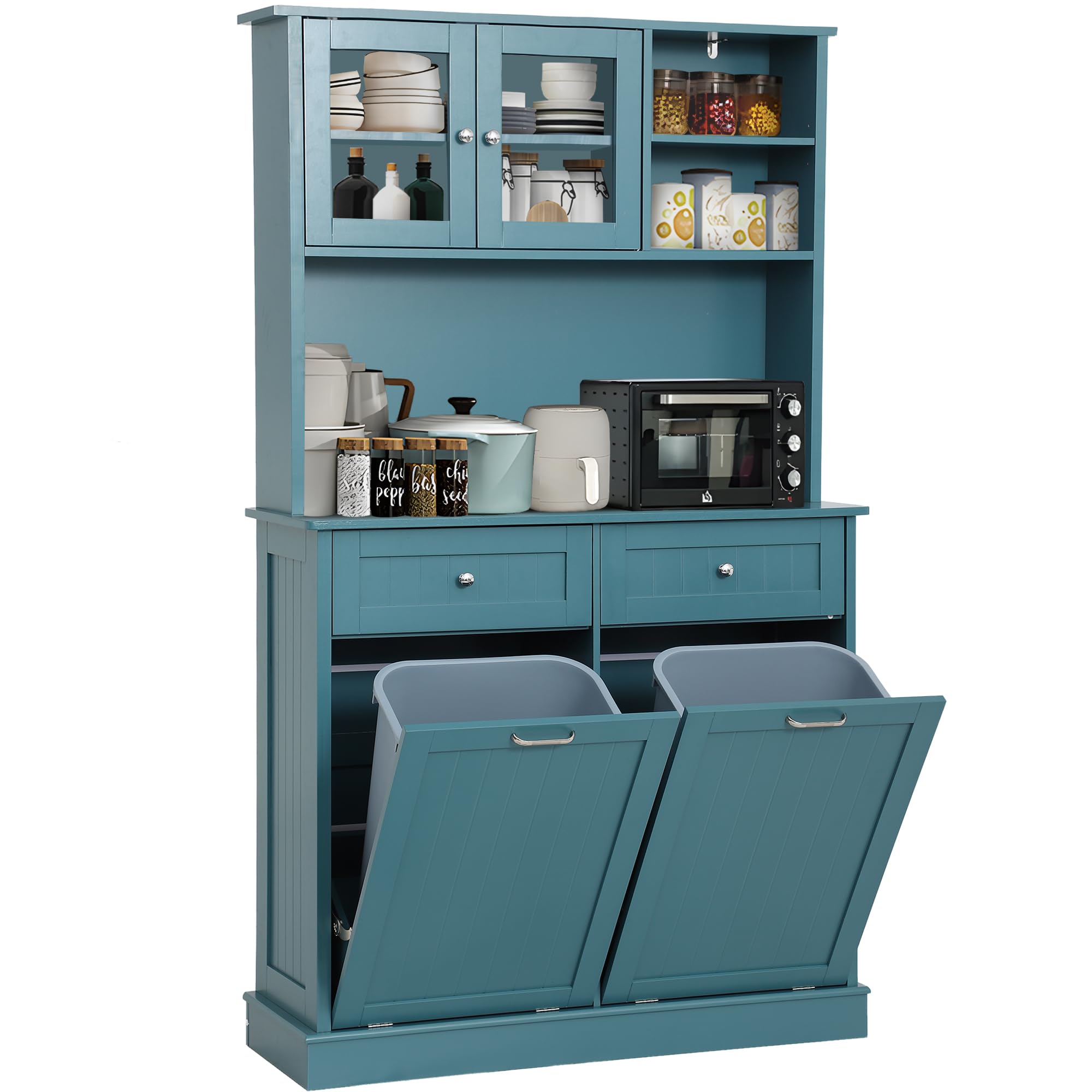 Kitchen Pantry Storage Cabinet, Microwave Cabinets with Tilt Out Trash Cabinets, Tall Pantry Cabinet Cupboard, Freestanding Kitchen Hutch (Lake Blue)