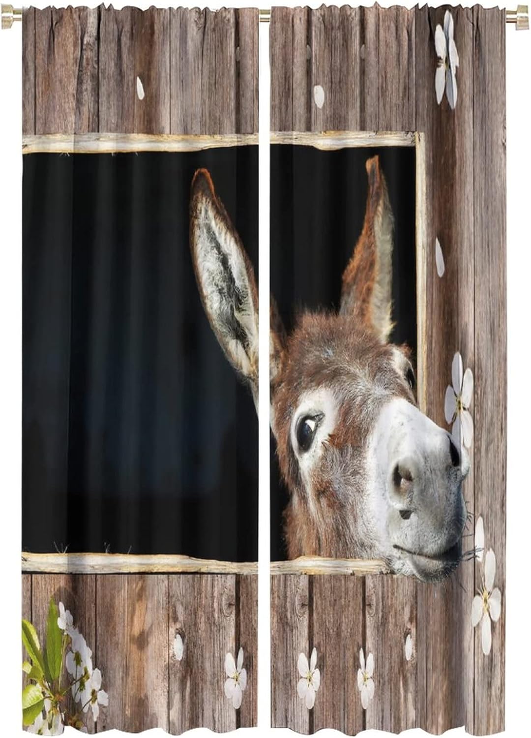 Funny Donkey Curtain,Rustic Farmhouse Animal Wooden Background Room Darkening Door Window Rod Pocket Curtain for Living Room Bedroom Kitchen Bathroom W42xL63in 21"W x 63"L (Pack of 2) Animal Farm-4