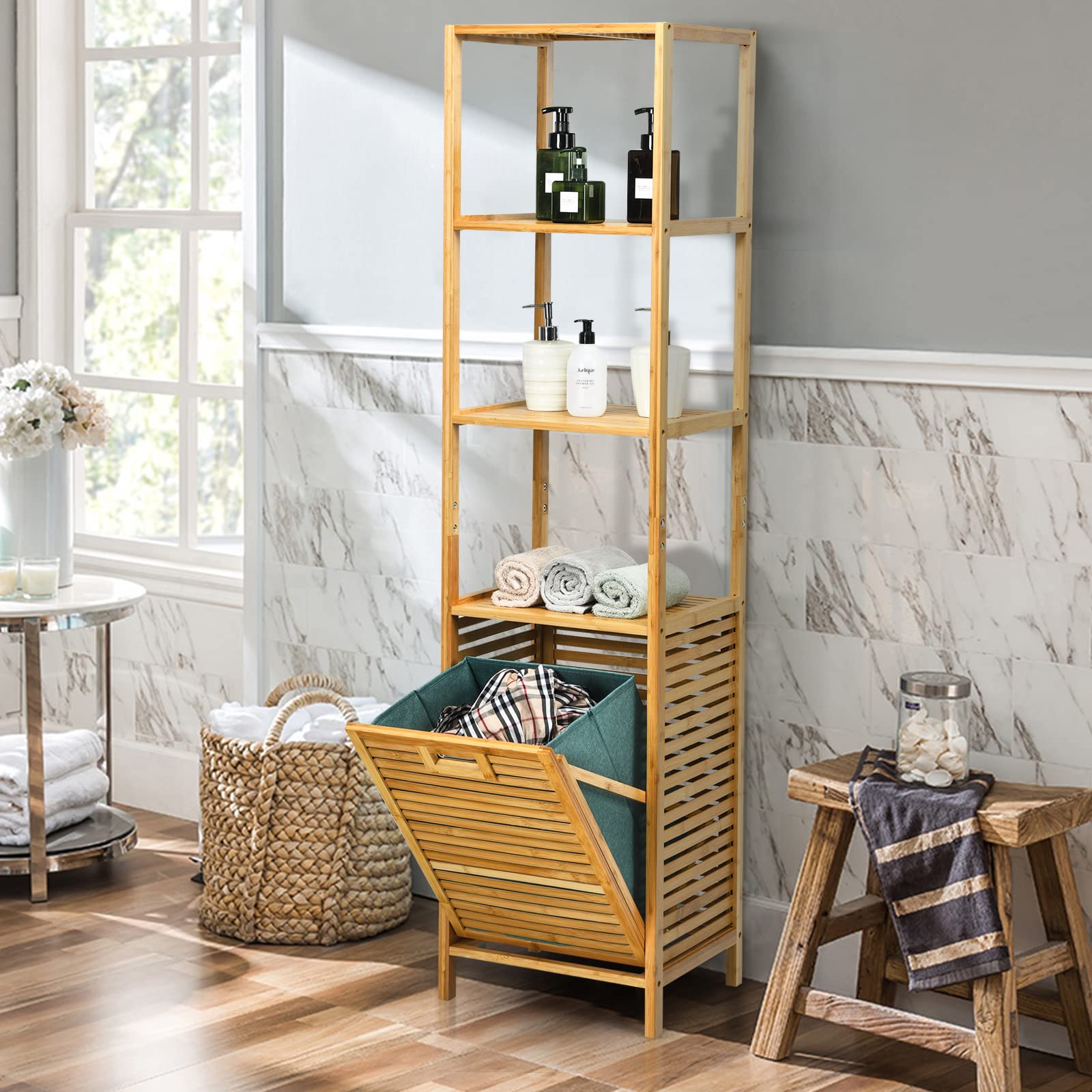 GIANTEX Estante de Baño con Cesta para la Ropa, Estante de Bambú para el Baño, Armario Alto con 3 Estantes, Natural,40 x 33 x 160 cm