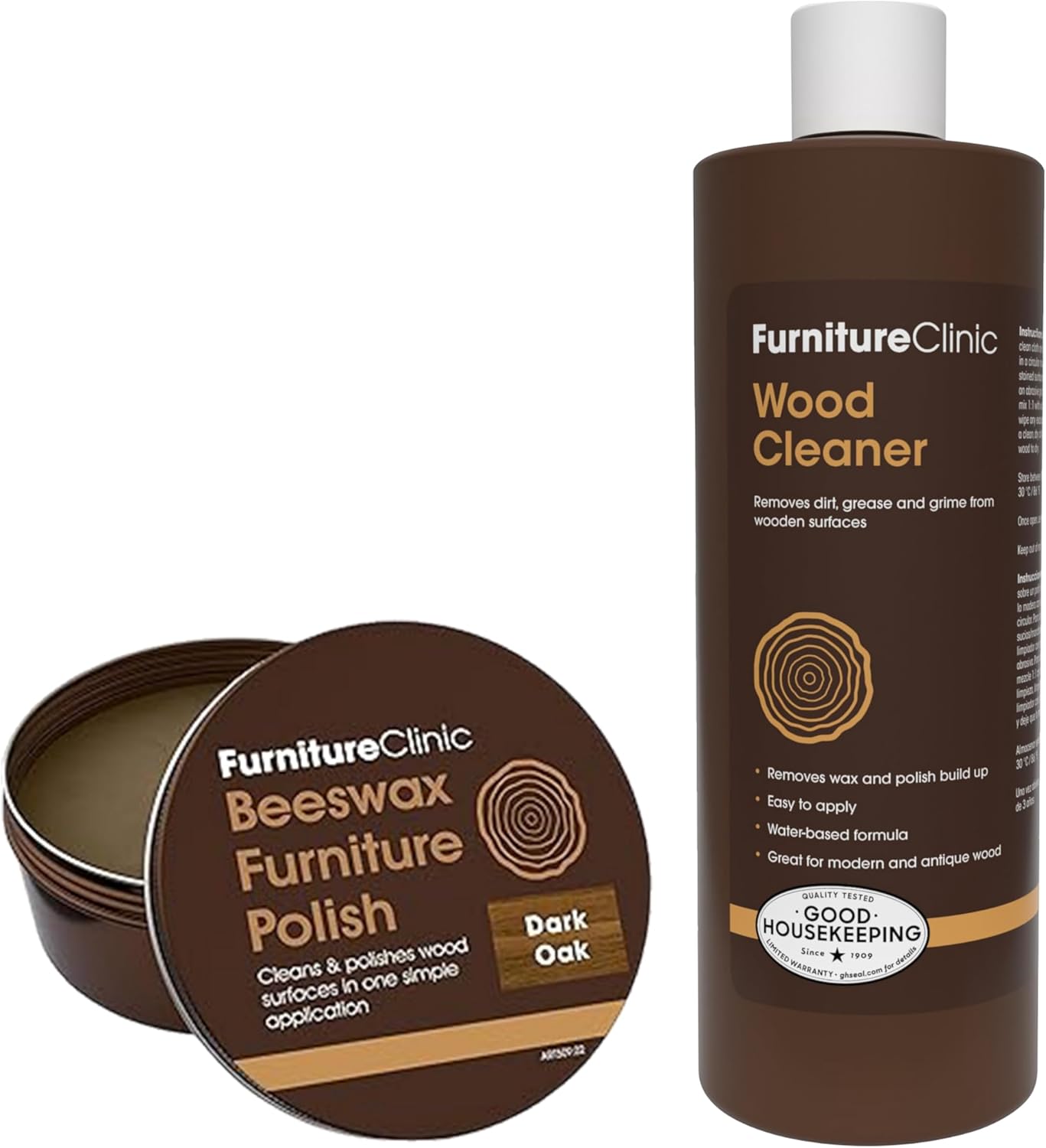 Furniture Clinic Premium Dark Oak Beeswax Polish + 17 Fl Oz Wood Cleaner | Condition, Restore, Protect, Waterproof & Clean Wood Furniture | Easily Remove Build Up, Grease and Dust