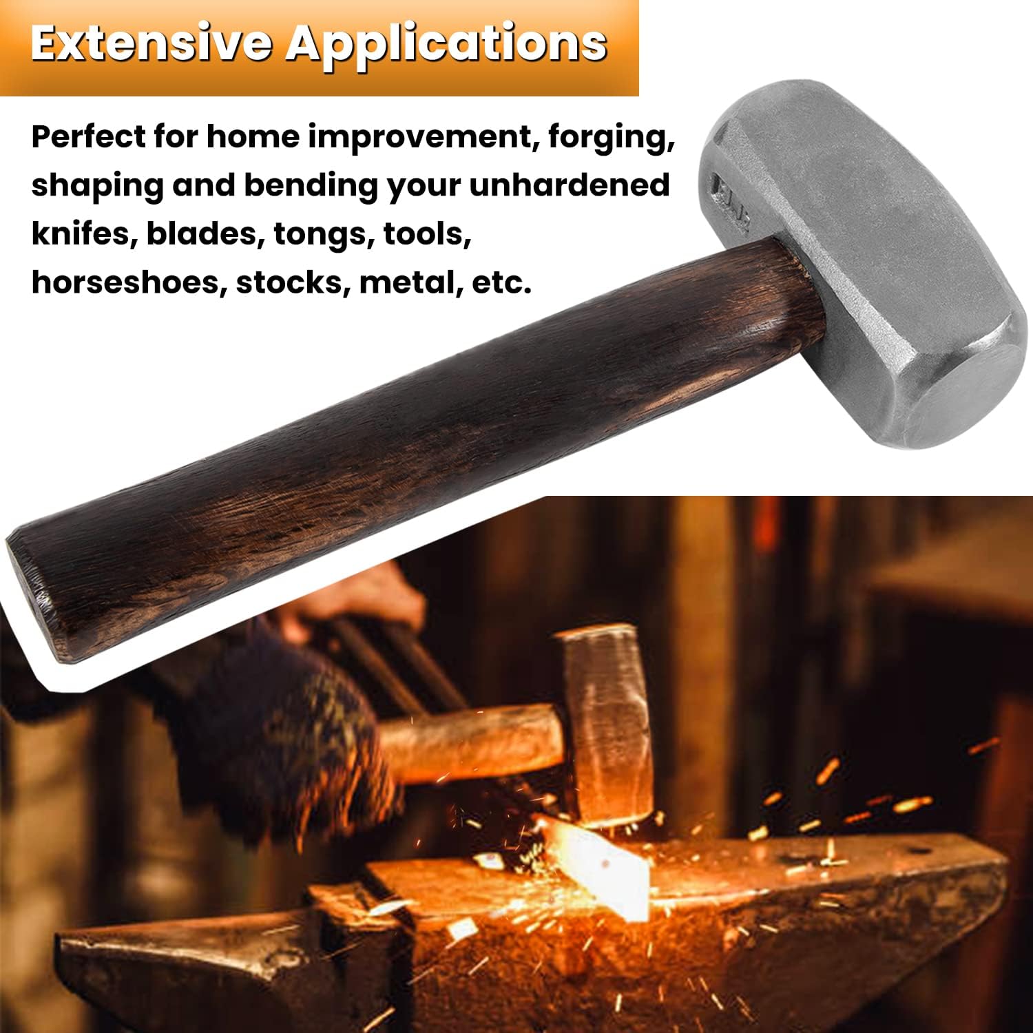 3lb Blacksmith Hammer Bladesmith Forge Engineer Drilling Stubby Hammer Handmade Knife Making Metal Working Forging Farrier Tool Flat Round Face with Wooden Handle Steel Head