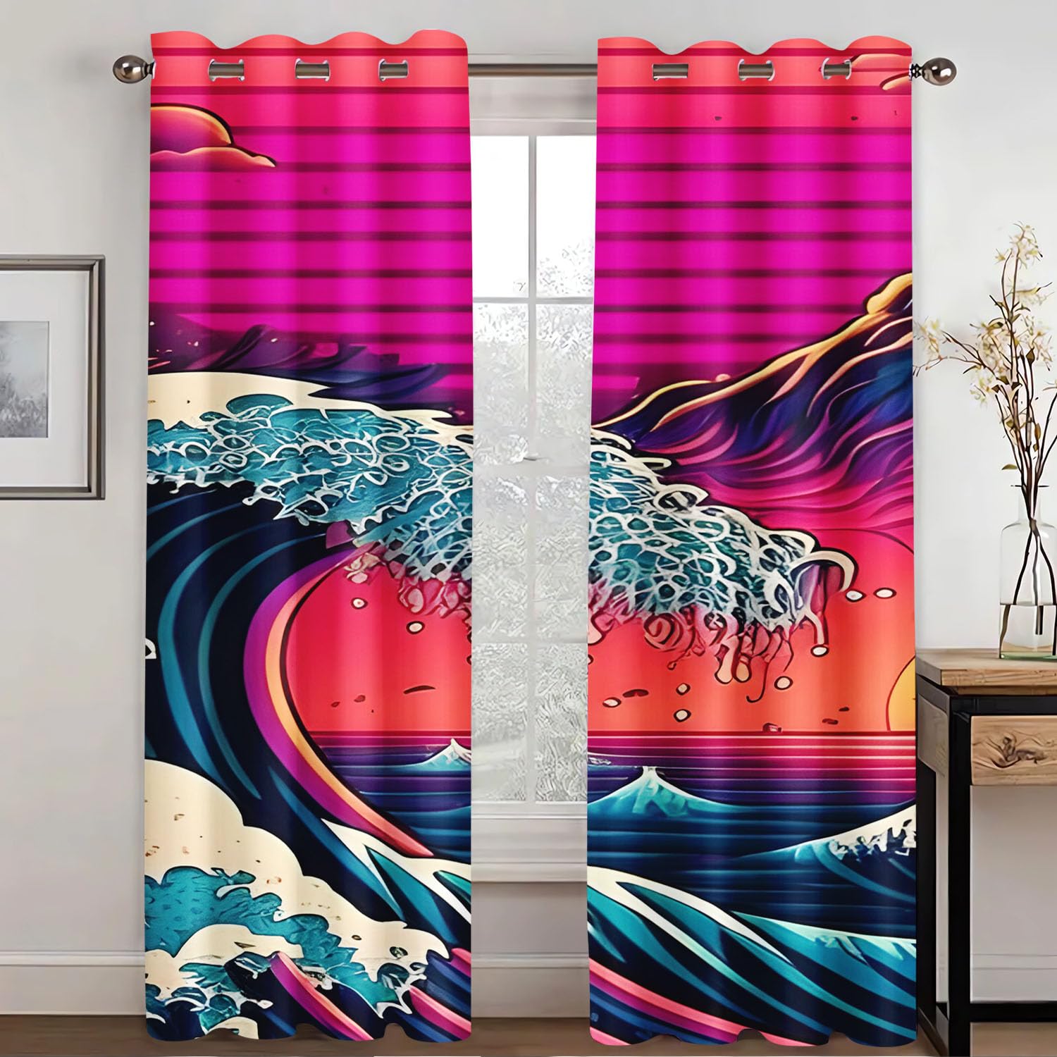 SHROUDEX Japanese Ukiyoe Blackout Curtain with Eyelets, Hokusai Wave Koi Window Curtain for Children's Room, Bedroom, 2 Panels (3.220 x 215 cm (2 x 110 x 215 cm)