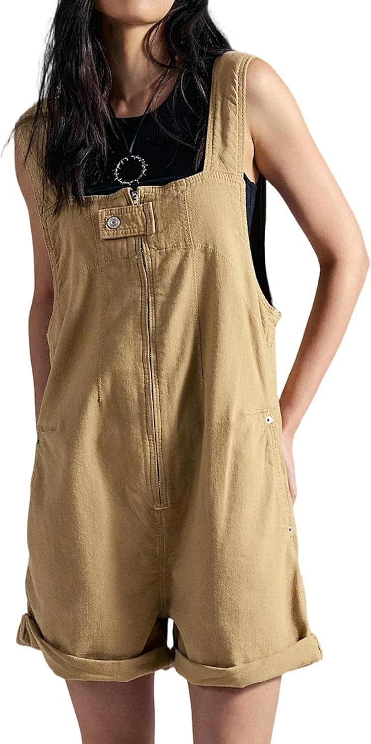 Womens Denim Overalls Shorts Square Neck Front Zip Jumpsuit Vacation Casual Work Jeans Rompers with Pockets