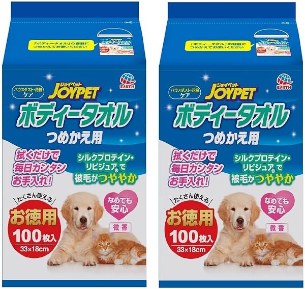 JOYPET 犬猫用ボディータオル 詰替え用 100枚×2個【2個パック】ペット用 弱酸性 低刺激 花粉対策 ボディーシート ジョイペット アース・ペット - 1
