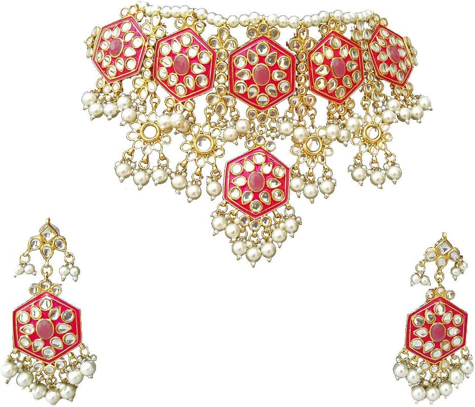 Finekraft Meena Kundan Bridal Wedding Designer Gold Plated Pearls Necklace Jewelry Set