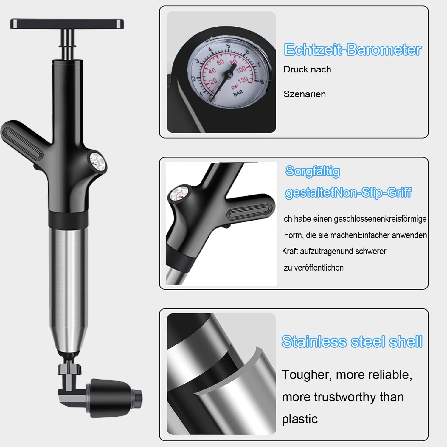 Rohrreiniger Druckluft,Toiletten Pömpel Abflussreiniger Pumpe mit Luftdruckanzeige,Pressluft Rohrreiniger mit 4 Adapter,Hochdruck Toilettenkolben für Waschbecken,Rohrverstopfung,Bodenablauf