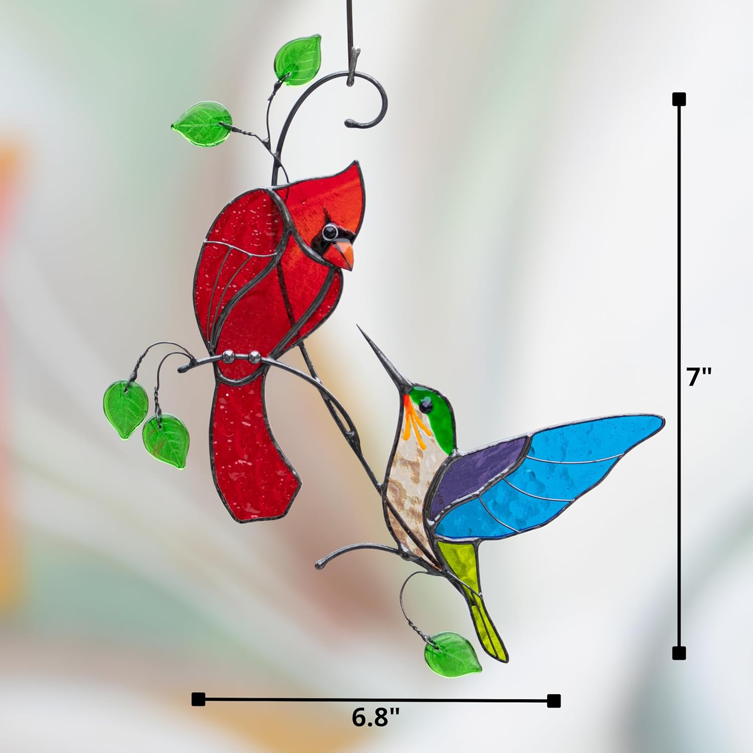 Hummingbird Cardinal Birds Stained Glass Suncatcher Genuine Stained Glass Window Hangings Unique Indoor Ornament & Outdoor Decor (Cardinal and Hummingbird)