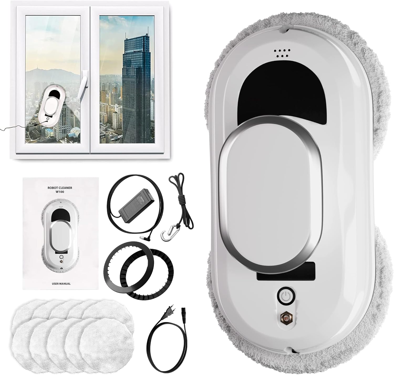 White Automatic Window Cleaner Robot W100, 11.8 x 5.9 x 4.7 Inch with 3 Modes and 10 Cloth Pads. Window Vacuum Cleaner for Windows Without Water Spray. Automatic Glass Cleaner Vacuum, 72dB