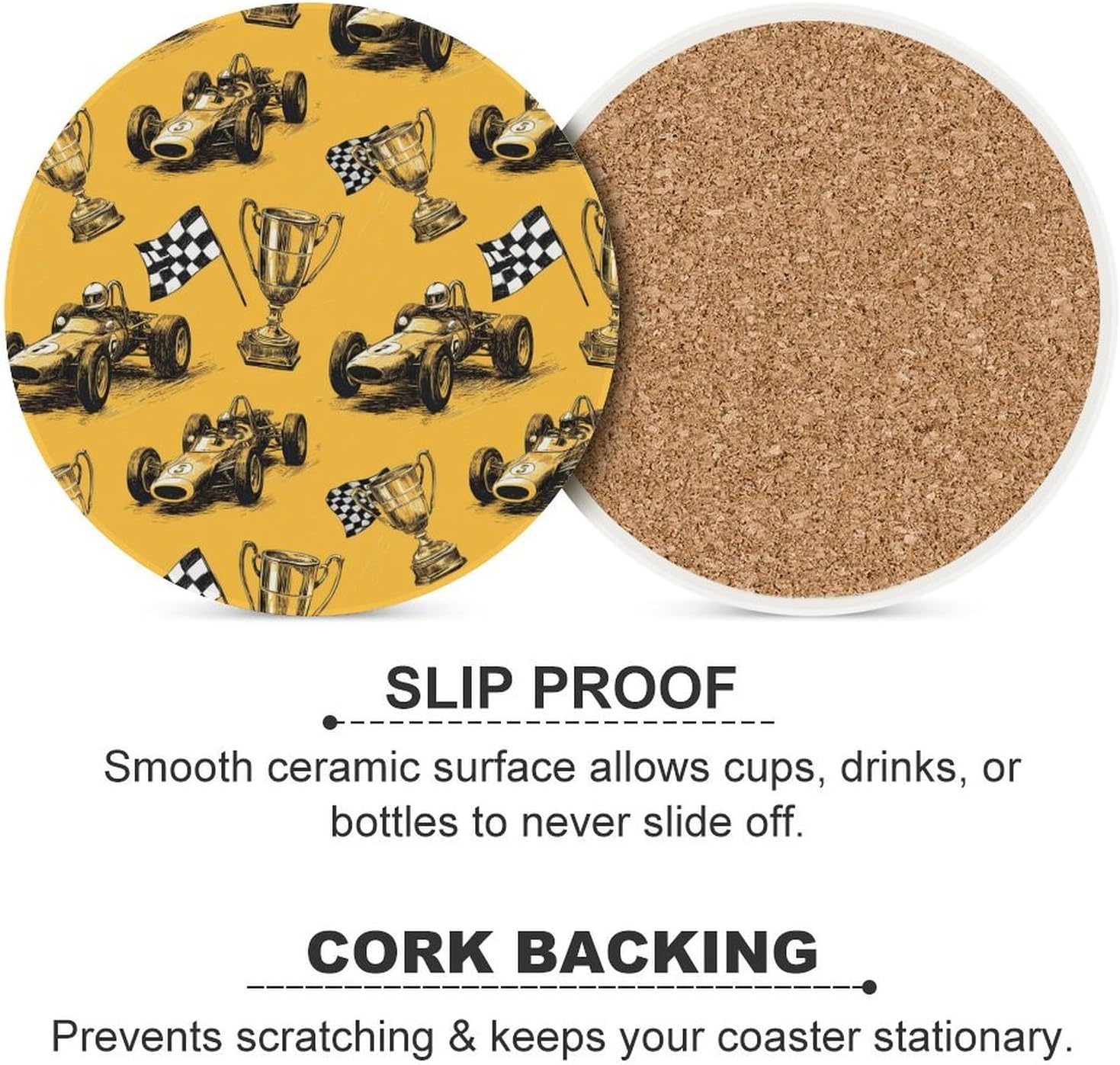 Racing Car Pattern Round Ceramic Coasters for Drinks Absorbent Cup Holder Tabletop Protector with Cork Base