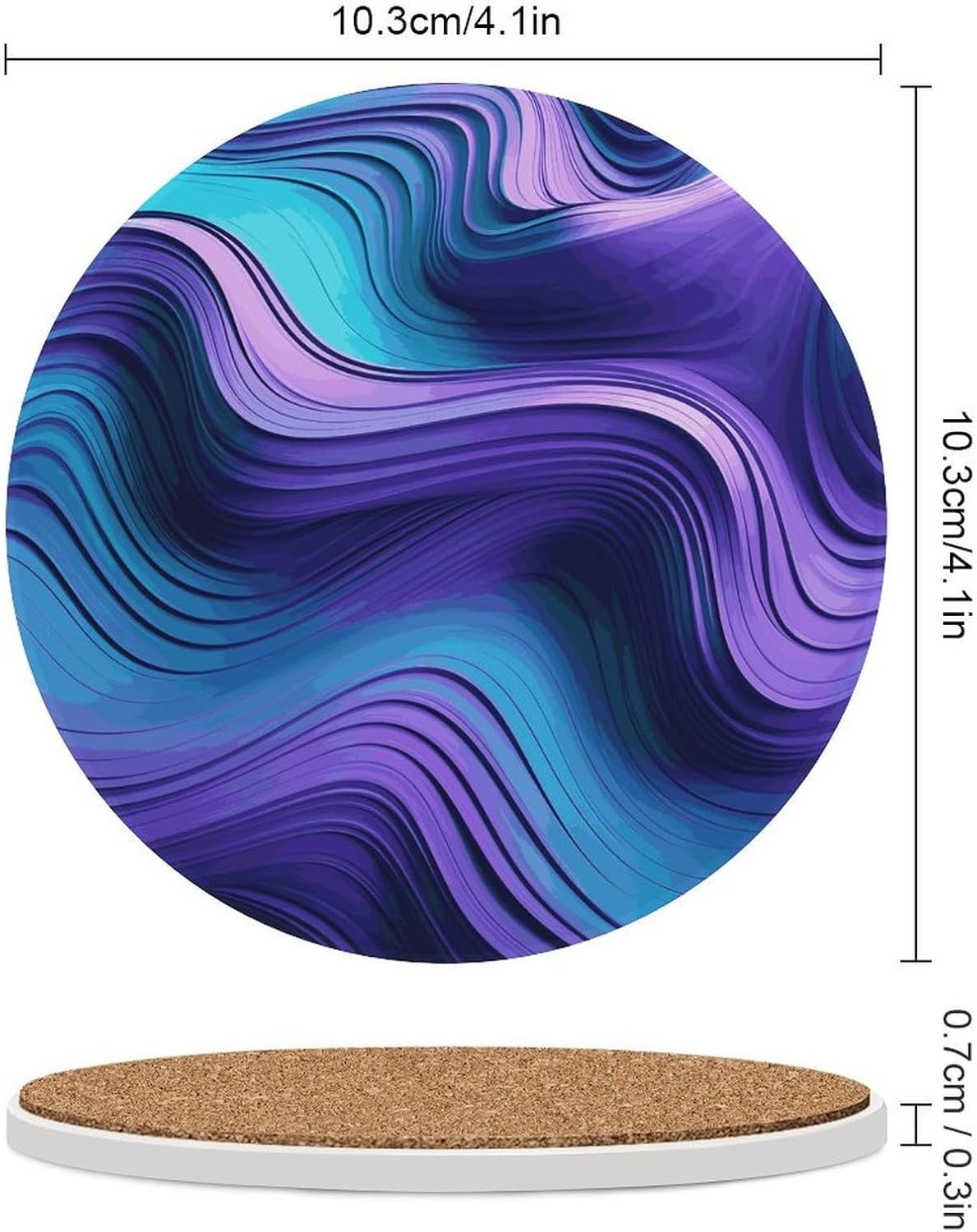 6PCS Wavy Purple Coasters Non-Slip Round Drink Coasters with Ceramic Stone and Cork Base, Heat Resistant Absorbent 33.00Stone Coaster Set for Kinds of Mugs and Cups, 4 Inch