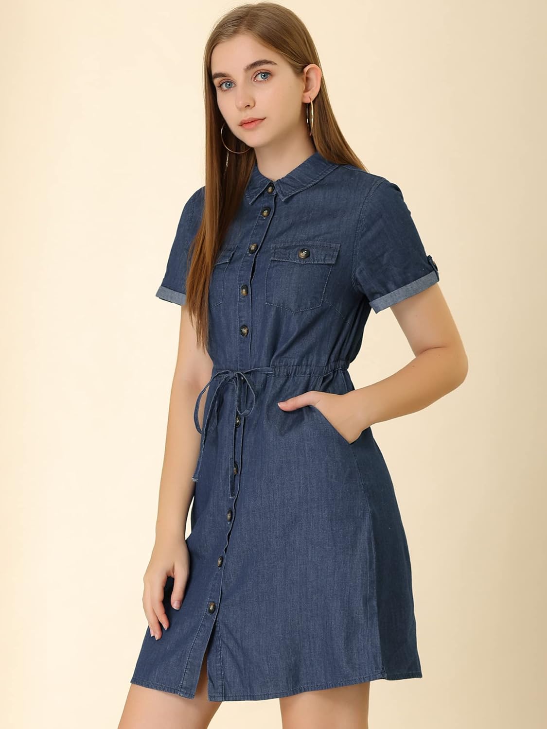 Allegra K Women's Jean Dress Short Sleeve Tie Waist Casual Button Down Shirt Denim Dresses - Image 2