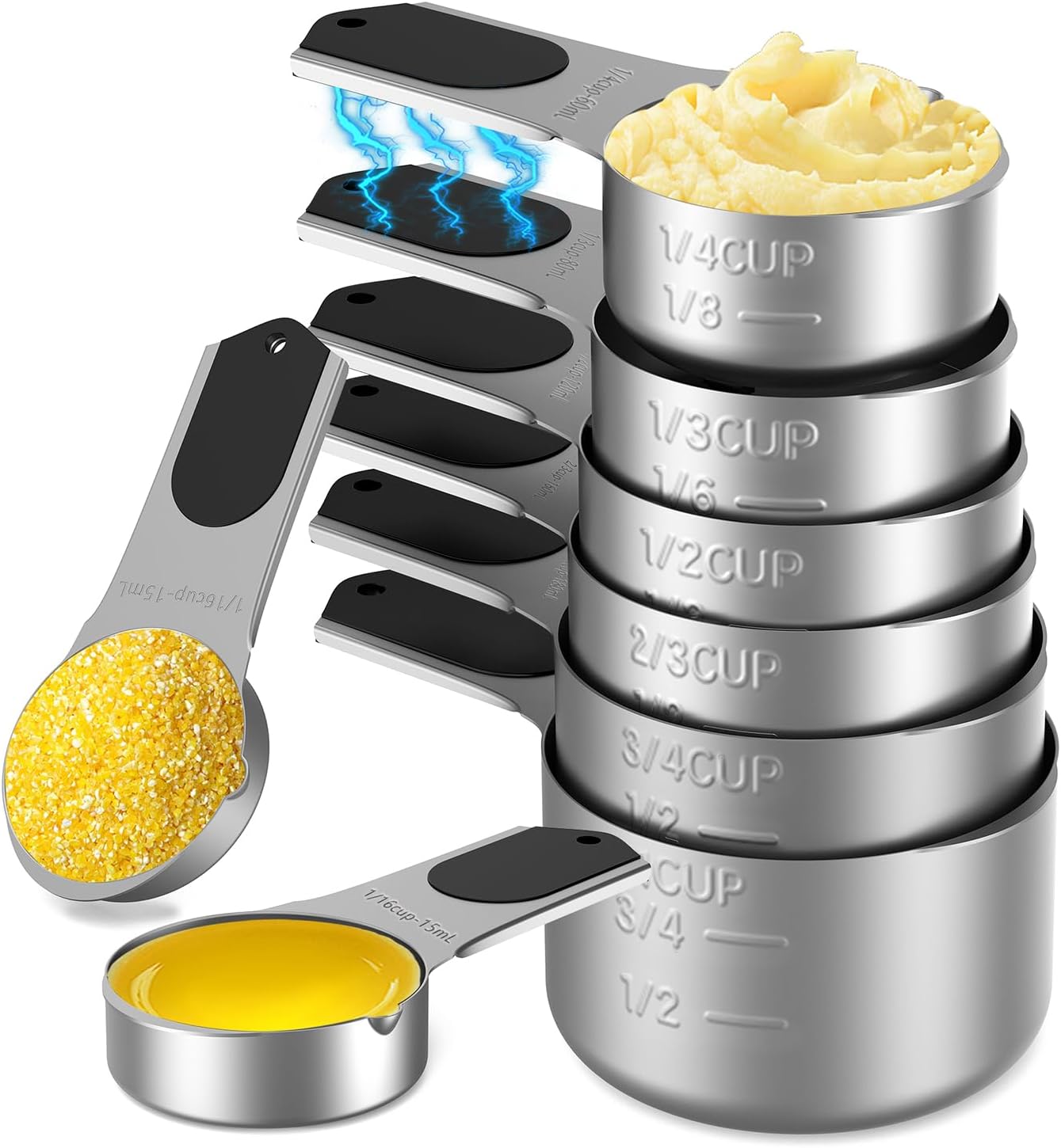 Magnetic Measuring Cups Set 8 Pcs Stianless Steel Heavy Duty Metal Black