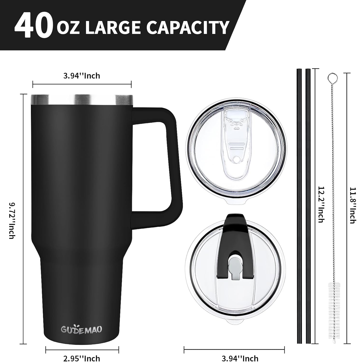 40 oz Tumbler with Handle, Insulated Tumbler with Lid and Straw, Reusable Stainless Steel Vacuum Insulated Cup, 100% Leak Proof Thermal Travel Coffee Mug Cup for Cold and Hot (Black) - Image 2