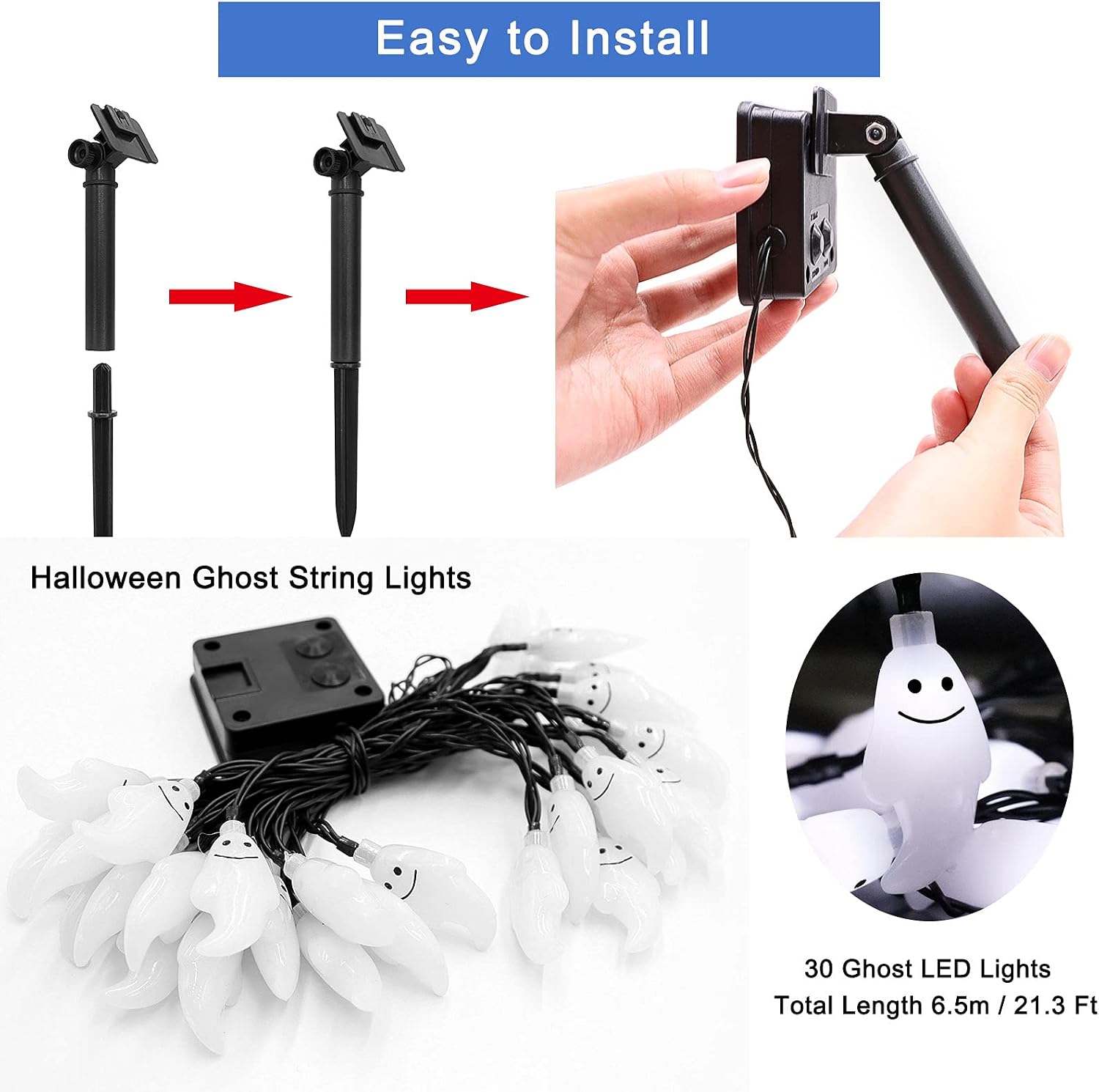 ZALALOVA Halloween Ghost String Lights, 21.3ft 30 LEDs Ghost Lights Decor Watertight Solar Powered 8 Modes String Lights for Halloween Horror Nights Decorations Indoor Outdoor -White