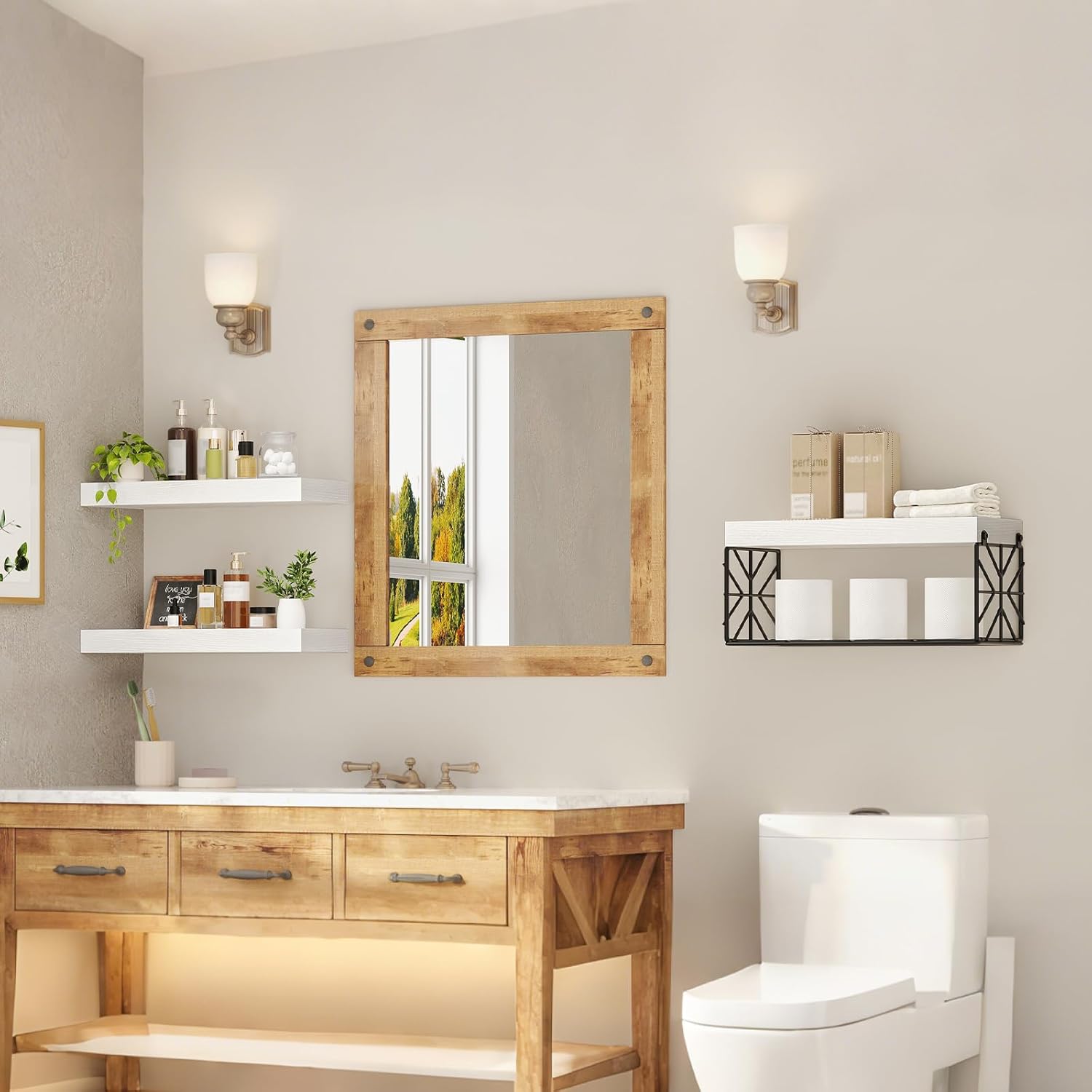 Bathroom Shelves Over Toilet Set of 3, Floating Shelves for Wall Toilet Paper Storage, 1.5" Thick Hanging Shelf, Farmhouse Wall Decor for Bathroom Living Room, Kitchen, White 4001BJWT