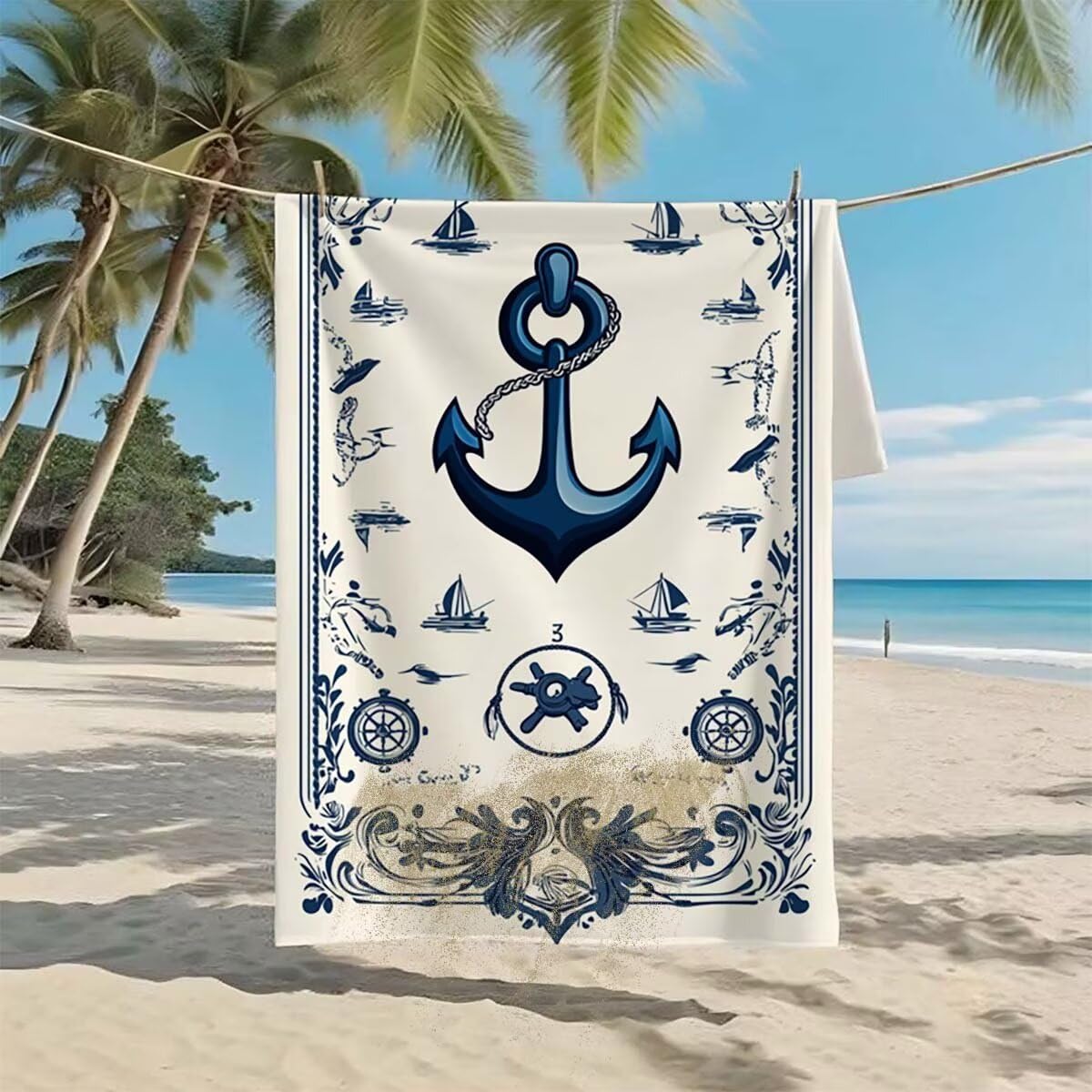 Toalla de Playa Grande 220x100cm/35x70cm, Juego de 2 Toalla Microfibra XXL de Antiarena, Toallas Playa Suave Ligera, Absorbente Secado Rápido, Beach Towel Viaje Yoga, Regalo Mujer Hombre (Ancla) D-49