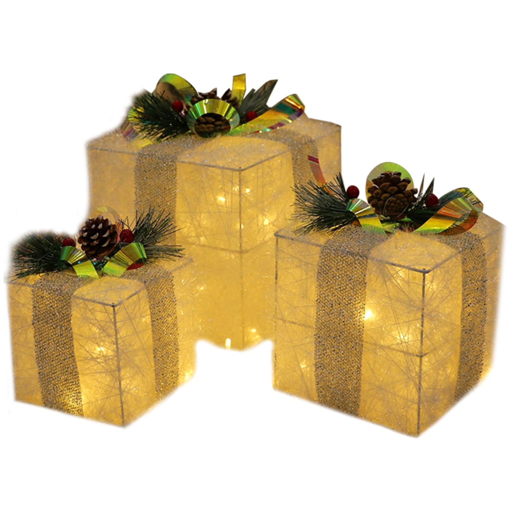 3Pcs Christmas Lighted Gift Boxes with LED lights Foldable Gift Boxes with Pinecones & Red Berries Christmas Decorations for Xmas Tree Home Yard Lawn Decororations, Christmas Lighted Gift Boxes(is similar no same)