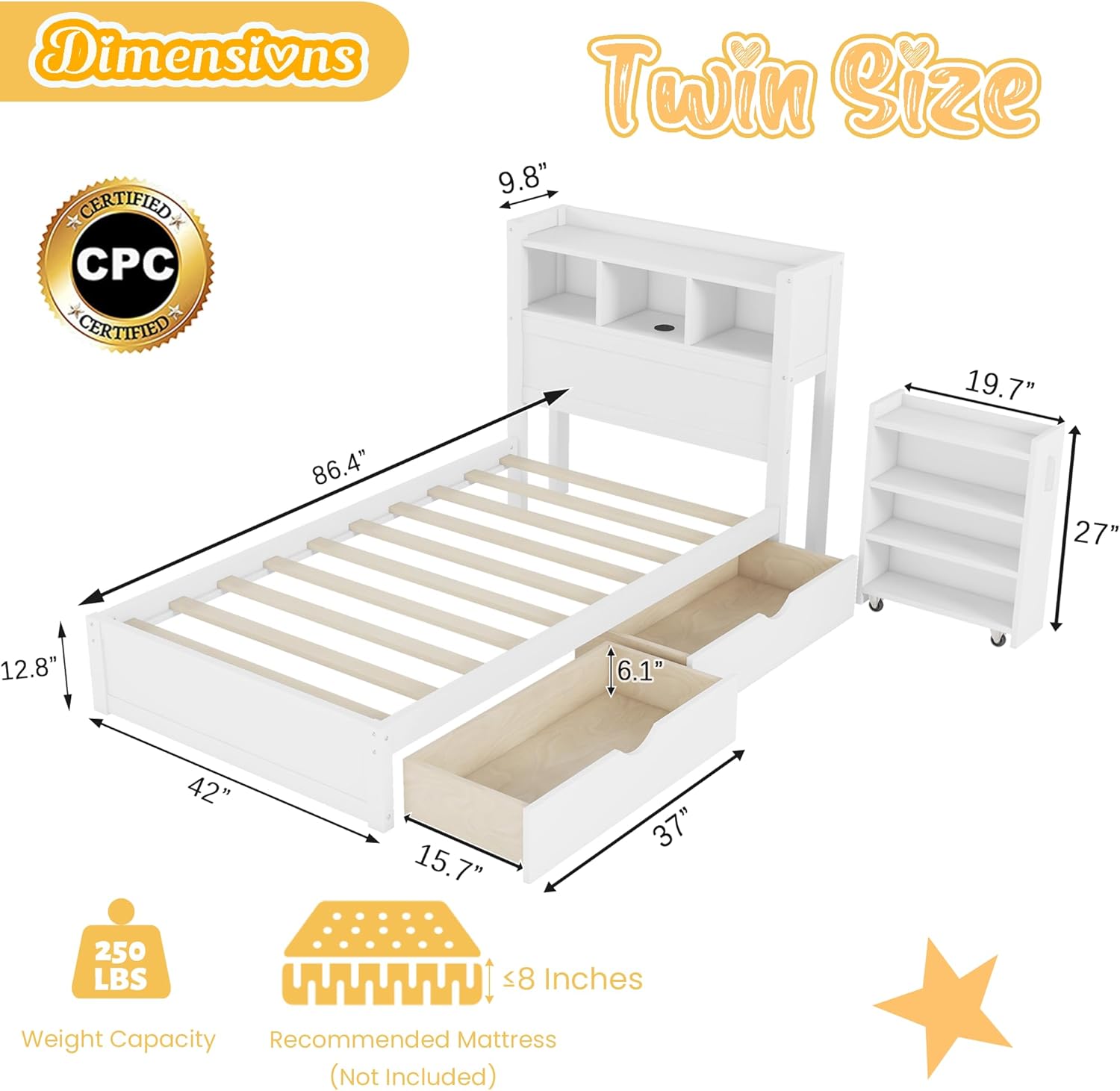 Kids Twin Bed Frame with Drawers & Storage Headboard, Solid Wood Platform Bed with Pull-Out Cabinet, Built-in LED Light & Charging Station, No Box Spring Needed, White