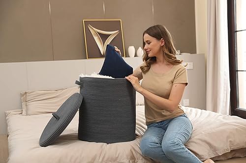 Miniatura 15 de Cesta de almacenamiento extra grande de 16 x 16 x 18 pulgadas con tapa, cestas de almacenamiento de cuerda de algodón, canasta de lavandería, Gris